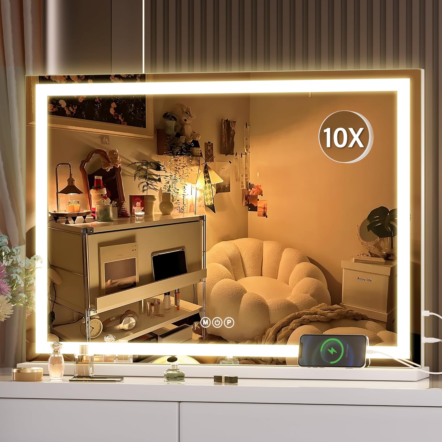 Hasipu Vanity Mirror with Lights, 28" x 20" LED Makeup Mirror, Lighted Makeup Mirror with Dimmable 3 Modes, Touch Screen Control Vanity Mirror Square White