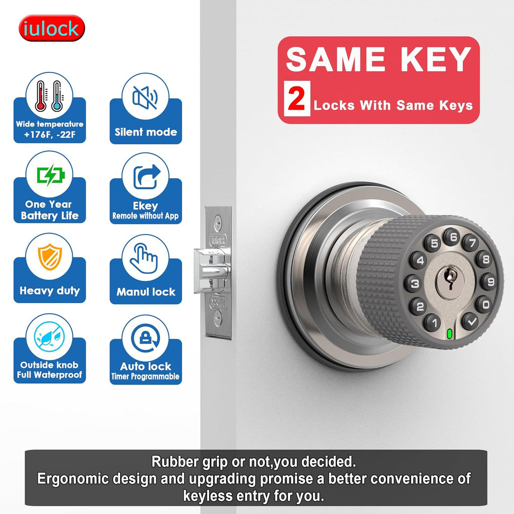 Smart Door Knob with Keypad and Key,Keyless Entry Door Lock with Rubber Grip, Auto Lock,50 User Code,Waterproof, Easy to Install and Program for Bedroom(Stain Nickel Same Key 2 Pack)
