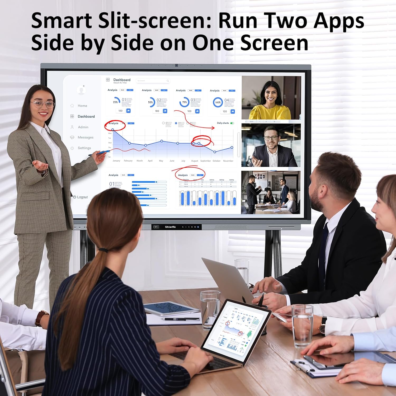 Shiarffe R9 Smart Board with Stand 4K Interactive Whiteboard EDLA-Certified All-in-One Touchscreen Digital Display Built-in 50MP AI Camera Mics and 60W Speaker for Classrom Hybrid Work
