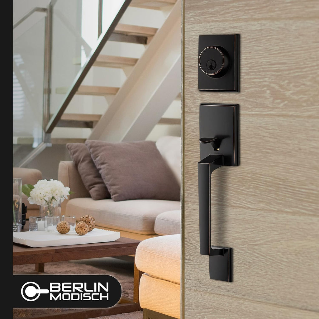Berlin Modisch Single Cylinder HandleSet with Lever Door Handle (for Entrance and Front Door) Reversible for Right and Left Handed and a Single Cylinder deadbolt Handle Set Oil Rubbed Bronze Finish