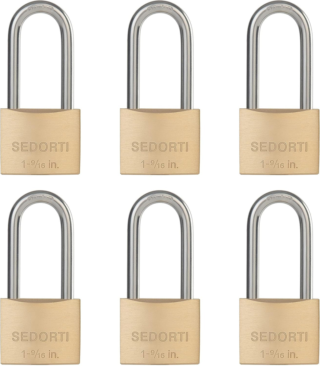 Weatherproof Padlock with Stainless Steel 304 Long Shackle and Solid Brass Body, 1-9/16 in. Wide, 6 Padlocks Keyed Alike, Marine Grade Rustproof Lock for Outdoors Use YNBSP640