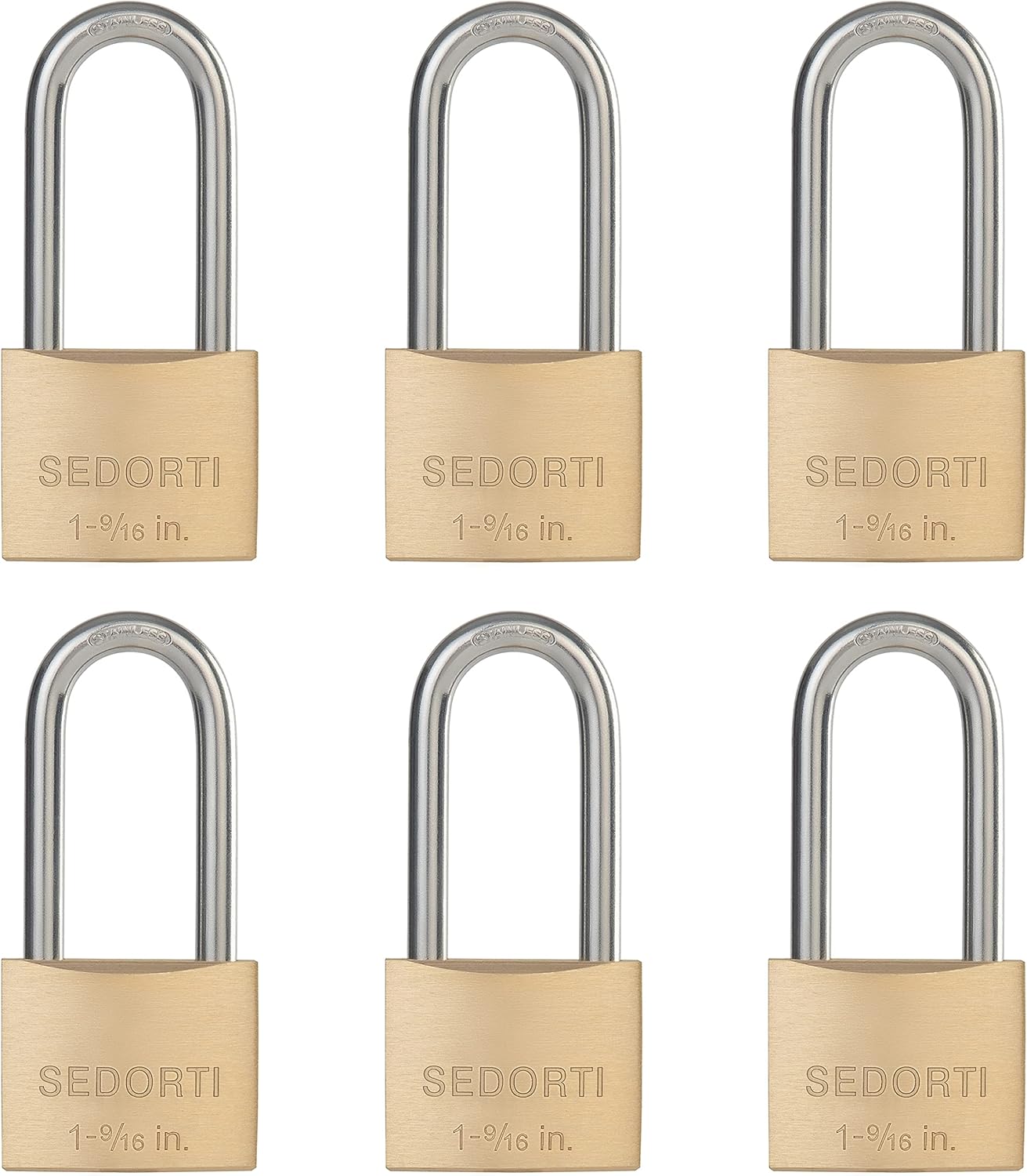 Weatherproof Padlock with Stainless Steel 304 Long Shackle and Solid Brass Body, 1-9/16 in. Wide, 6 Padlocks Keyed Alike, Marine Grade Rustproof Lock for Outdoors Use YNBSP640
