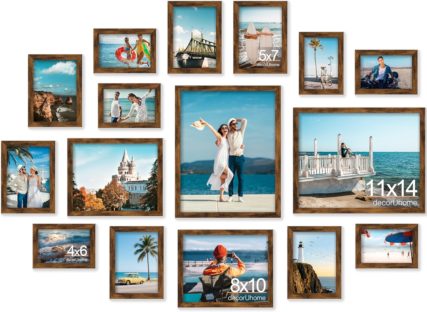 decorUhome Assorted Picture Frames Collage Wall Decor for Photo Gallery Display Set of 16 Including Two 11x14 / Two 8x10 / Six 5x7 / Six 4x6 for Family Wall Decor, Distressed Brown, 16 Pack