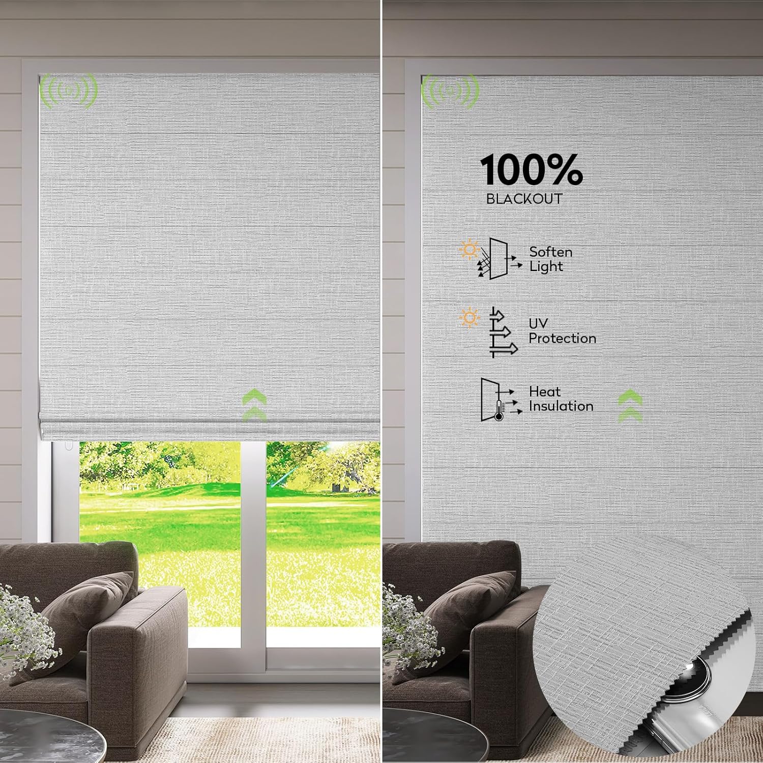 ZSTARR Smart Roman Shades Rechargeable Motorized Blinds with Remote Full Blackout Roman Window Shades Plain Fold Soft for Doors Bedroom, Custom Size (Gray)