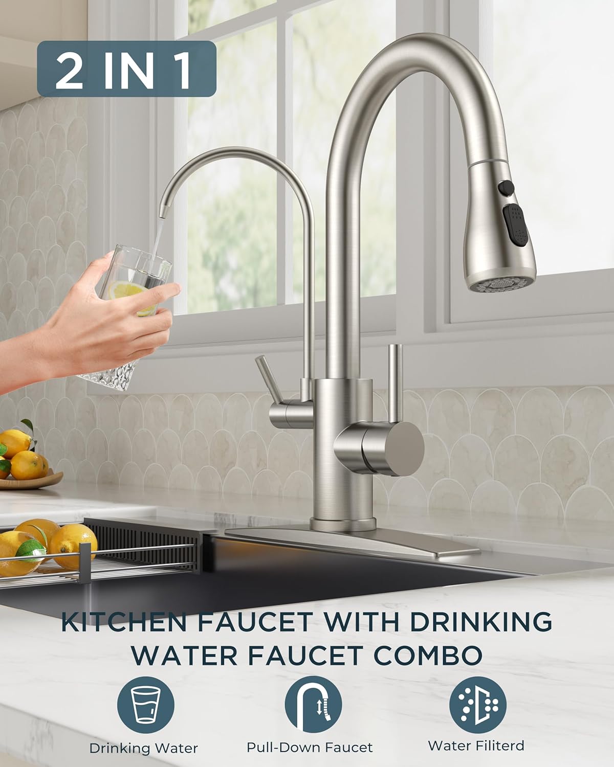 FORIOUS Kitchen Faucets with Water Filter, 2 in 1 Stainless Steel Pull Down Sink Faucet and Purfied Water Faucet High Arc Single Handle with Detachable Deck for 1 or 3 Hole, Brushed Nickel