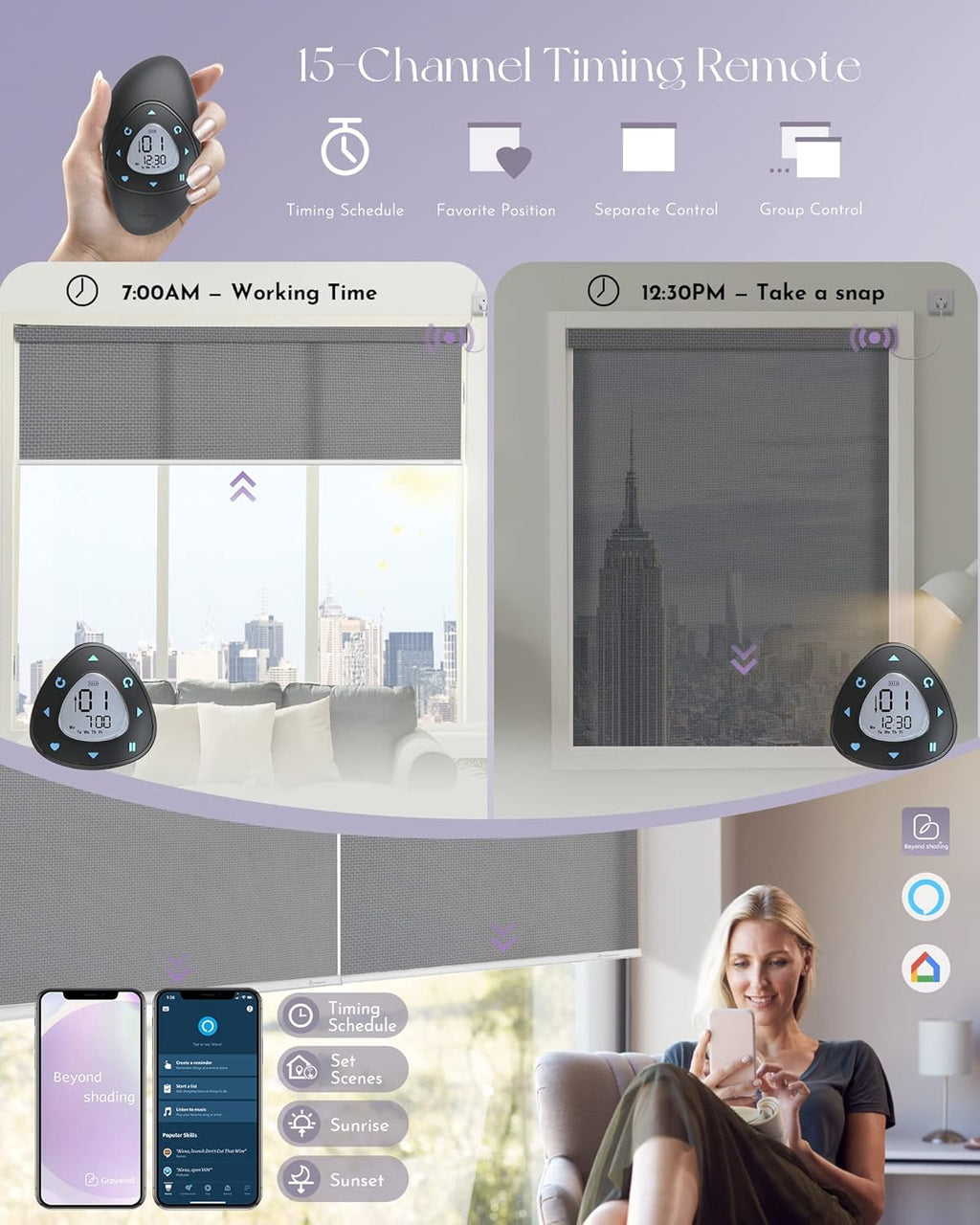 Graywind Motorized Solar Shades Compatible with Alexa Google Hardwired WiFi Smart Light Filtering Blind Remote Control Automated Blinds Electric Window Shade, Custom Size (5% Openness Grey)