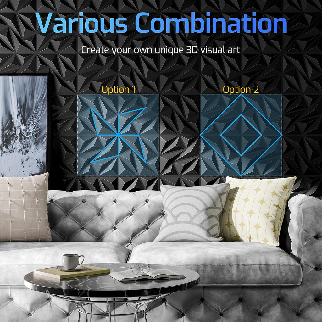 64 Pack 3D Wall Panels for Interior Wall Decor, 11.8'' x 11.8'' Decorative Wall Panels, Accent Wall Panels, 3D Diamond Design Wall Decor for Living Room, Bedroom, Gaming Room, Black
