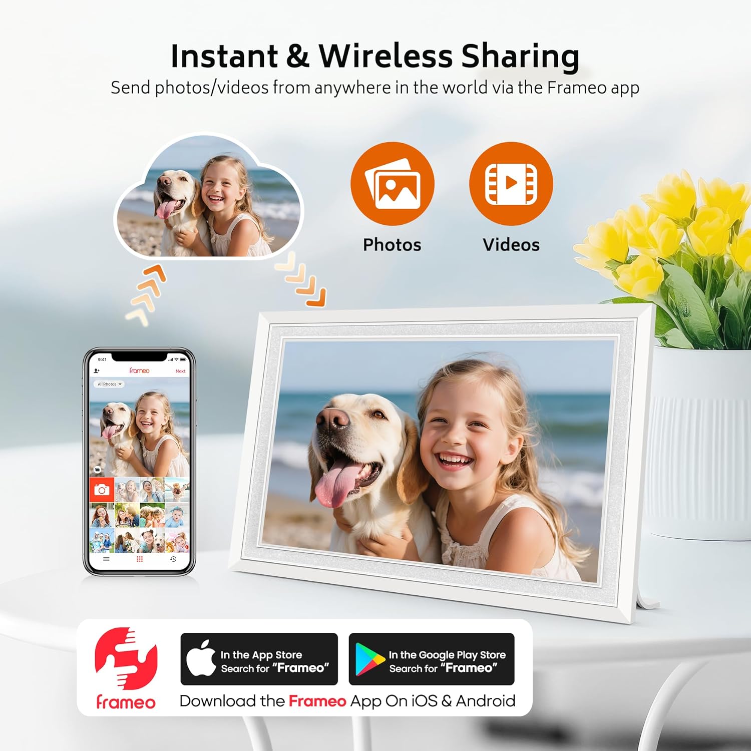 Frameo 10.1" Digital Picture Frame with 32GB Memory White WiFi Electronic Photo Frame 1280 x 800 IPS HD Touch Screen Auto-Rotate Slideshow Wall Mountable Share Photos/Video Remotely Anywhere