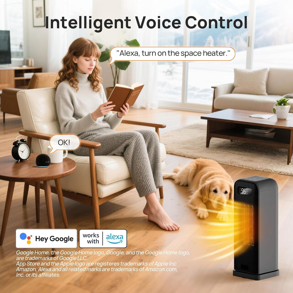 Space Heaters for Indoor Use, Smart Portable Electric Heater with Thermostat, WiFi and Voice Control, 12H Timer, 4 Modes, 36dB 1500W PTC Ceramic Safety Heat for Office Bedroom Home 1Pack Black