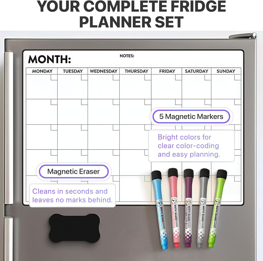 Monthly Magnetic Calendar for Refrigerator – Monday Start 17 x 12” Fridge Calendar Magnet | Dry Erase Whiteboard Family Planner & Schedule Board | Include 5 Markers & Eraser by Freedom Mastery