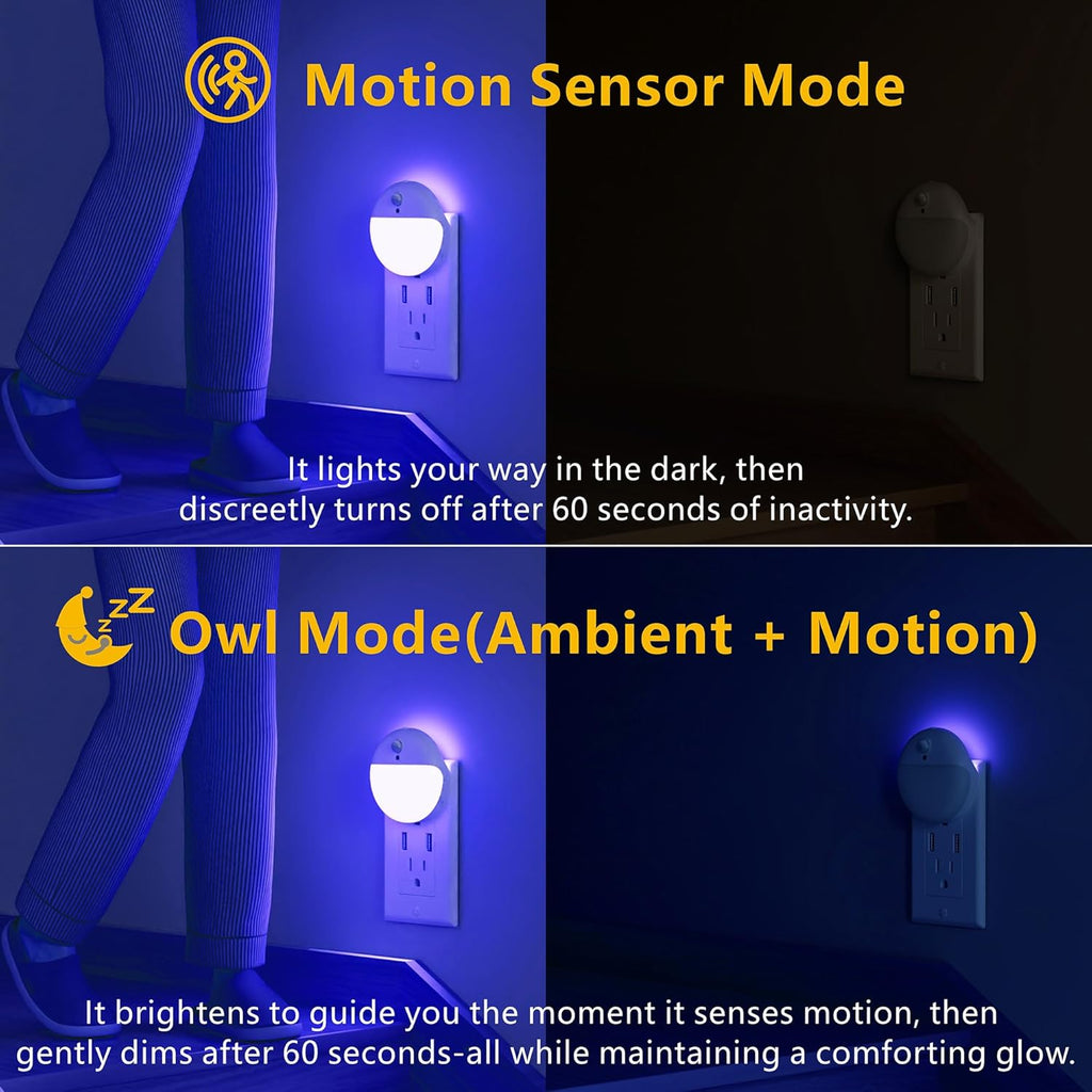 2 Pack Plug in Night Light with Motion Sensor and Dusk to Dawn Sensor, Stepless Dimming, Blue LED Nightlight with 3 Lighting Ways for Bathroom, Bedroom, for Girls, Boys, Adults