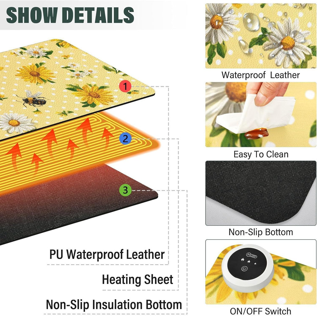 Heated Desk Pad Mouse Pad 31.5x13 Inch PU Leather Desk Mat with 3 Heat Levels Large Mouse Gaming Computer Laptop Mat Yellow Dot Bee and Daisy