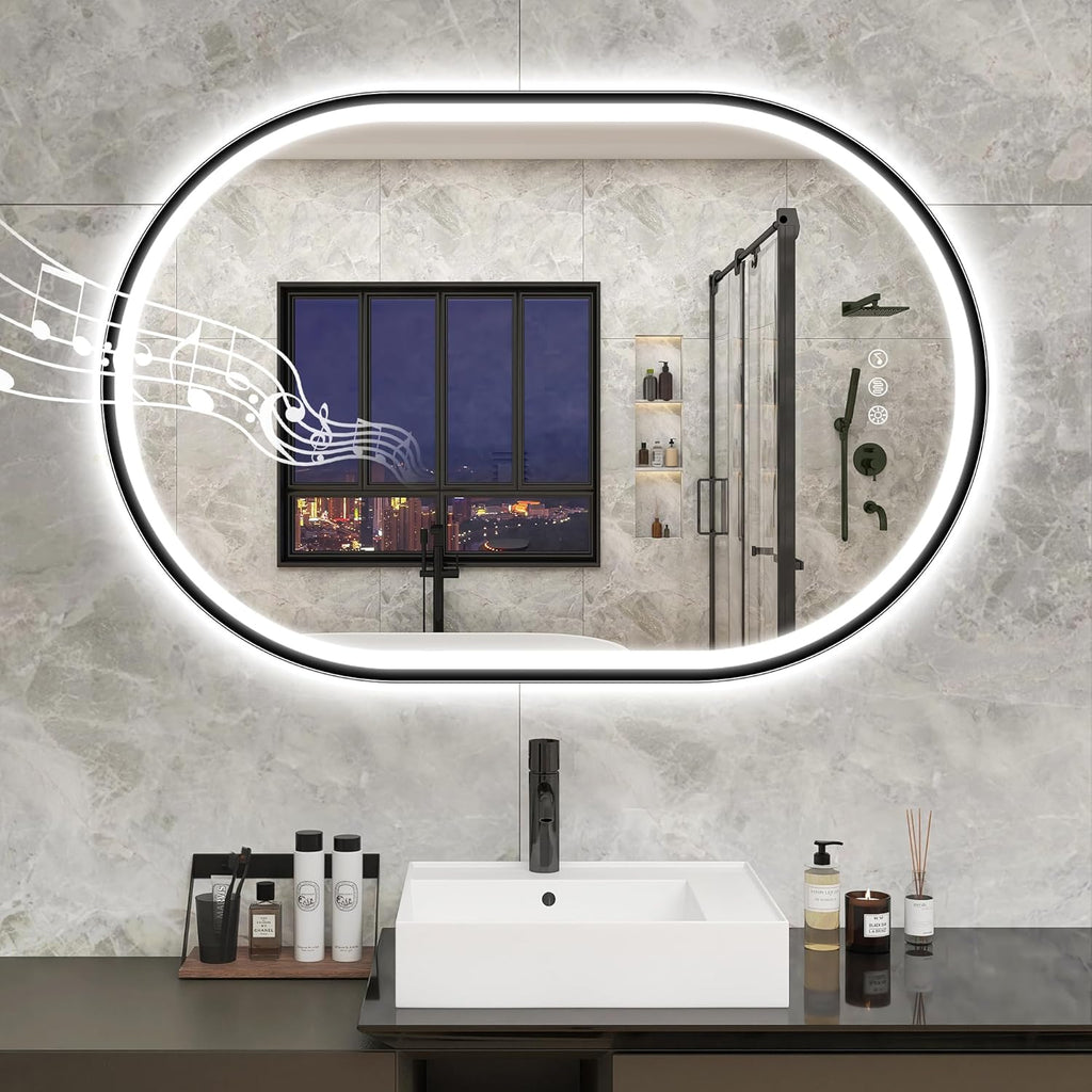 STARLEAD 24"x36" LED-Bathroom-Mirror-with-Lights, Wall-Mounted with Bluetooth, Anti-Fog, 3 Color Temperature Dimmable Brightness, Waterproof, Tempered Glass, Frontlit & Backlit, Black Frameless Oval