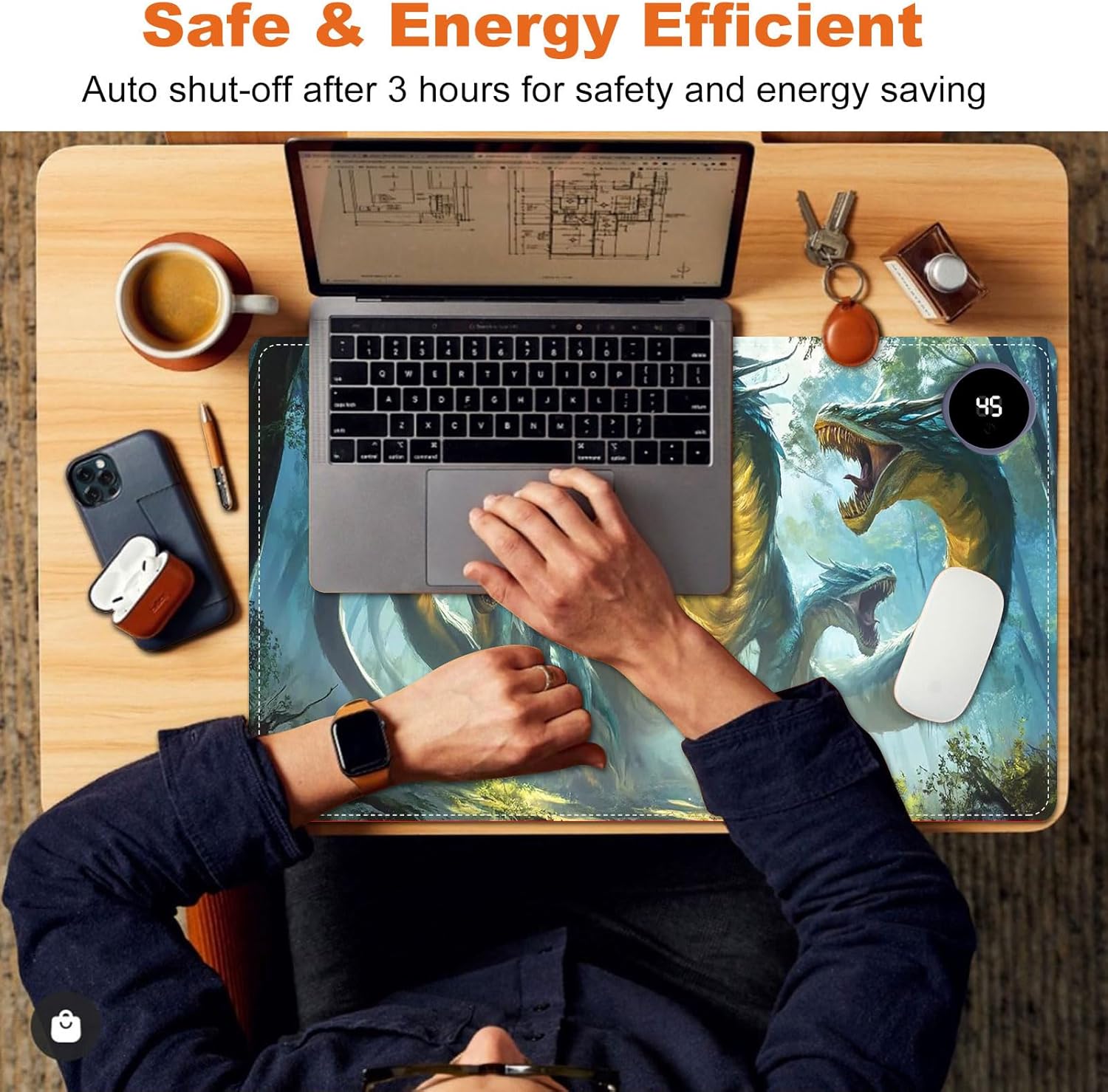 Small Heated Desk Pad 23.6" x 14.2" – Compact Electric Mouse Pad with 3 Heating Levels, Auto Shut-Off, Waterproof PU Surface, Plug-in Warmer for Office or Home Use, Serpent Beast