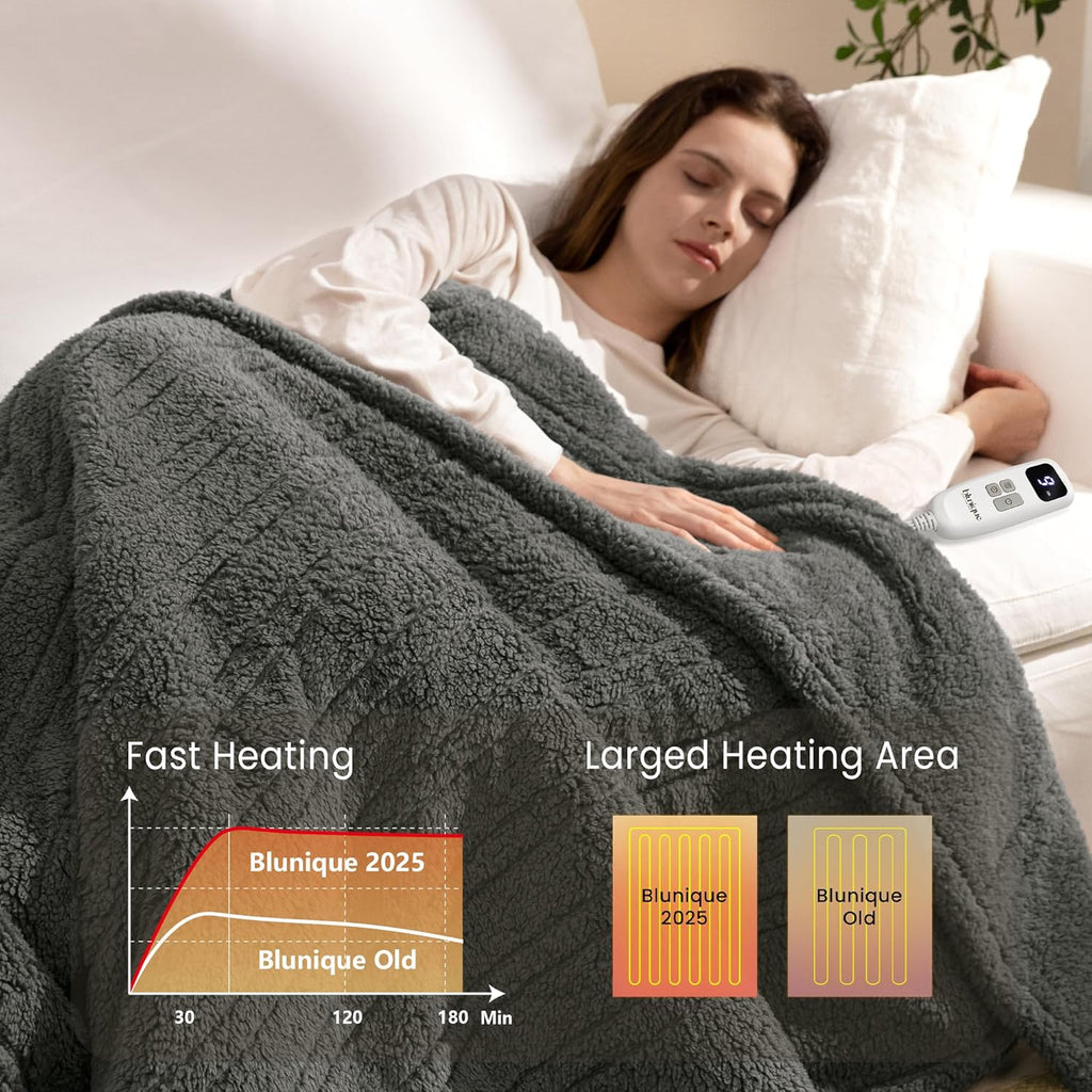 Heated Blanket Electric Blanket Queen - Fast Heating Blanket Throw Dual Control Double Sided Sherpa with 10 Heating Levels & 2-10 Hours Auto Off, Mashine Washable, 84 x 90 Inches, Grey