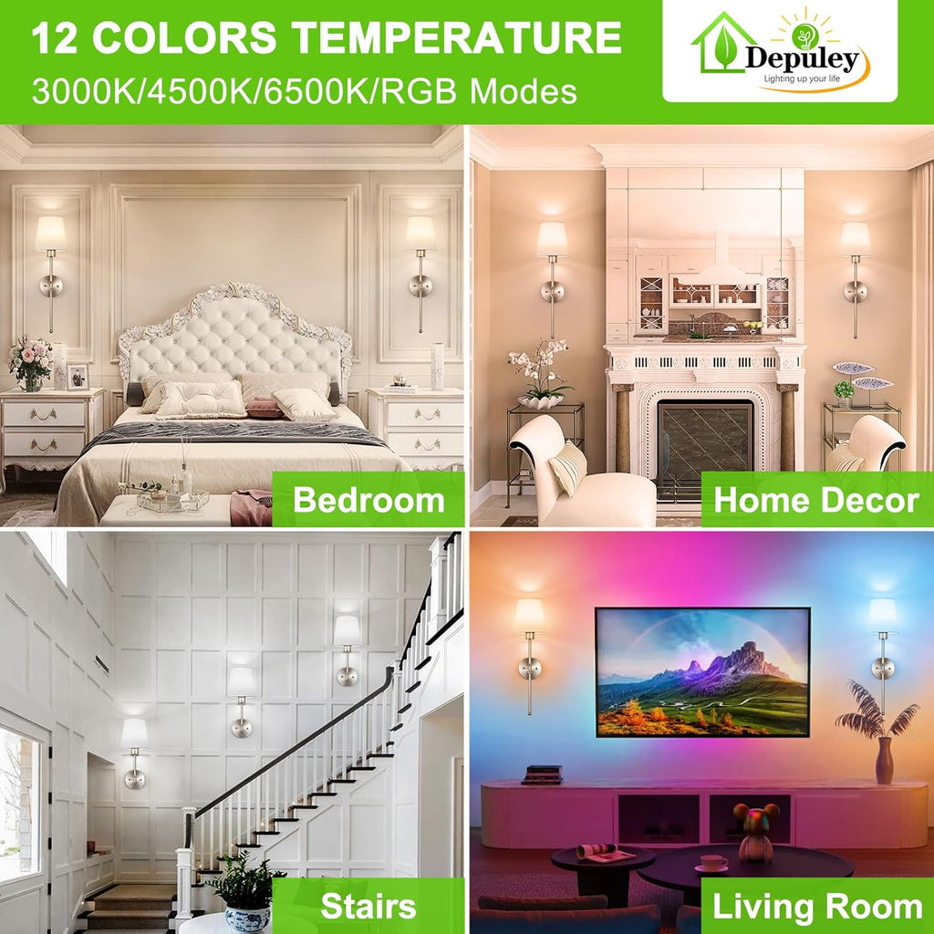 Depuley Battery Operated Wall Sconce: Set of 2 Wireless Wall Lights with Remote for Bedroom - Rechargeable 15 Colors Brushed Nickel Wall Lamp for Living Room Hallway Decor