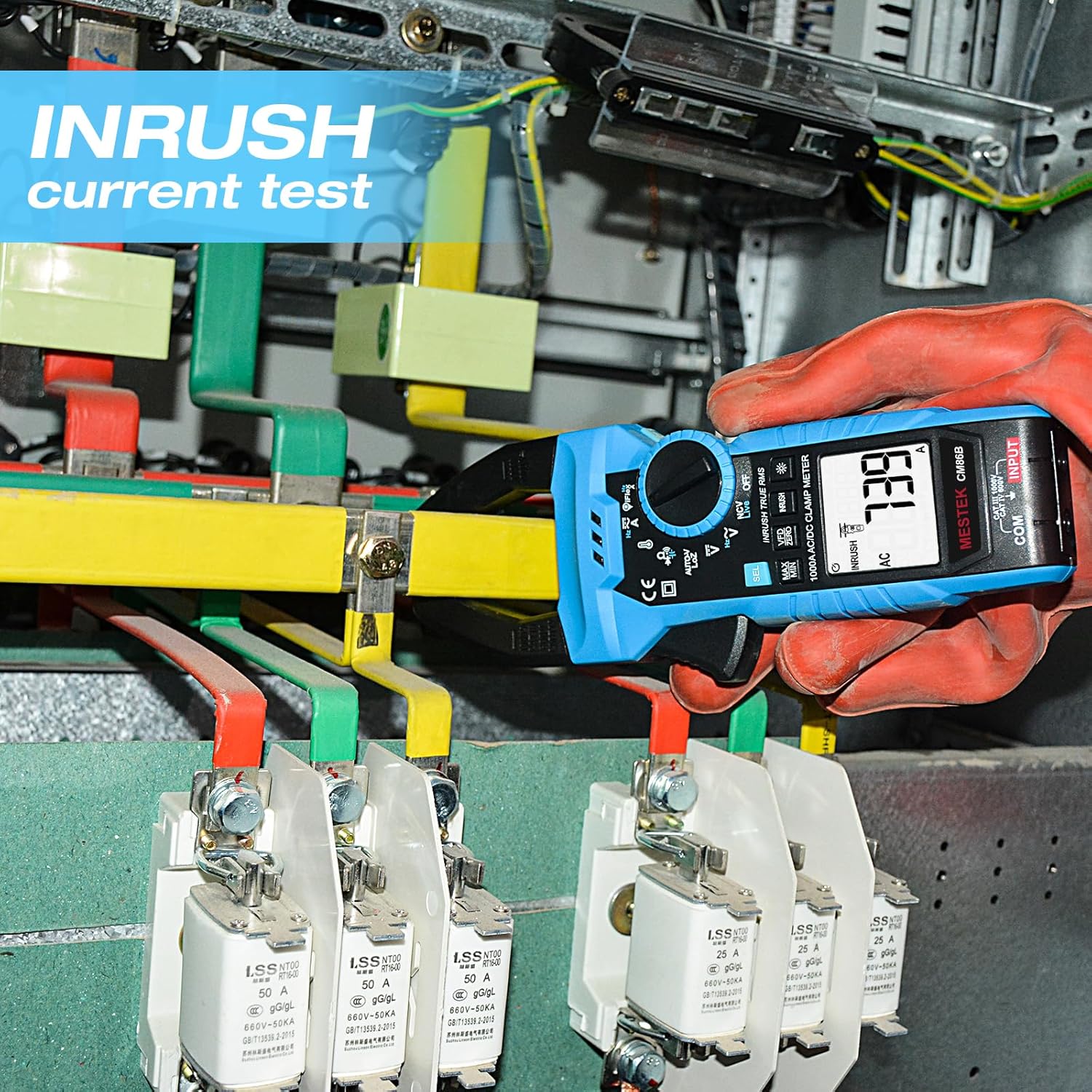 MESTEK Inrush Digital Clamp Meter, TRMS 6000 Counts Multimeter Voltage Tester with VFD & LOZ Mode, 1000A AC/DC Current Amp Meter with Resistance, Capacitance, Diodes, Continuity, Temperature, NCV