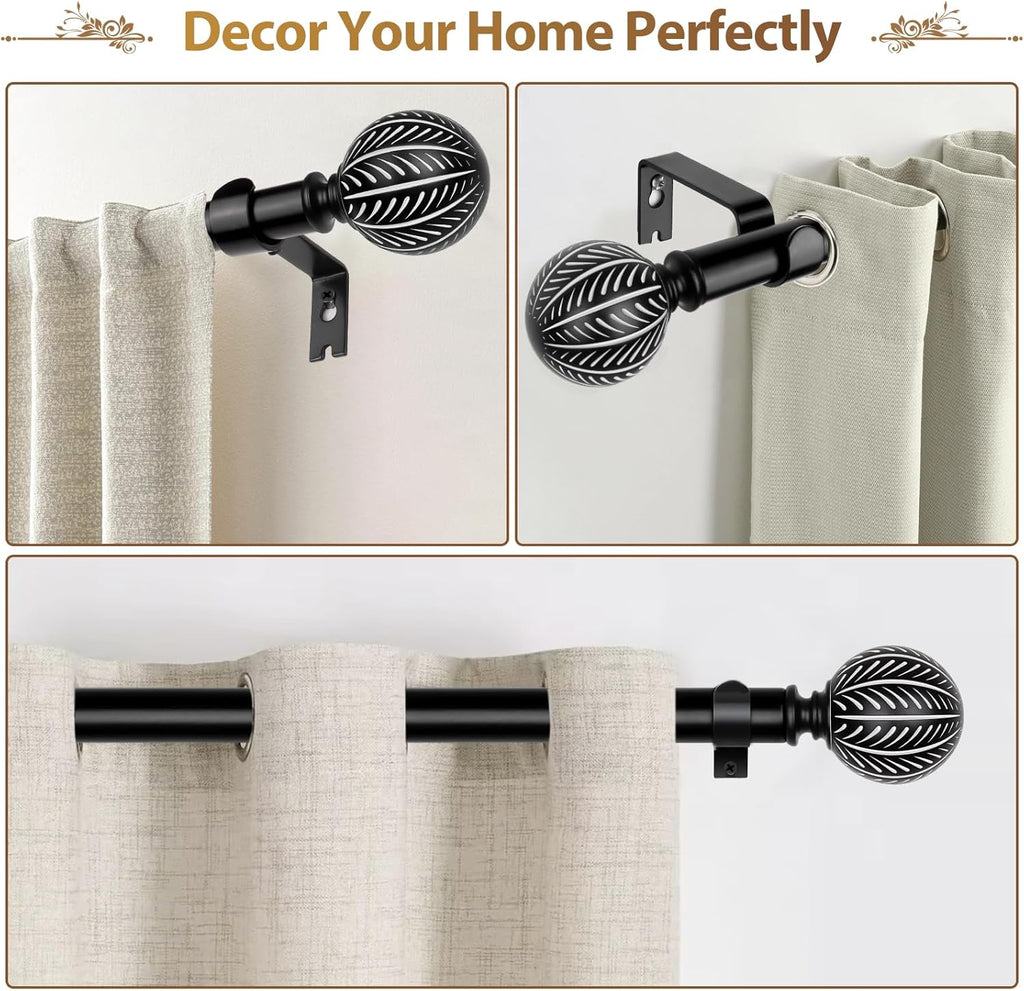 KAMANINA Wood Curtain Rods for Windows 72 to 144 Inch(6-12ft), 1 Inch Adjustable Drapery Rod, Decorative Heavy Duty Curtain Rods with Leaf Pattern Finials, Black