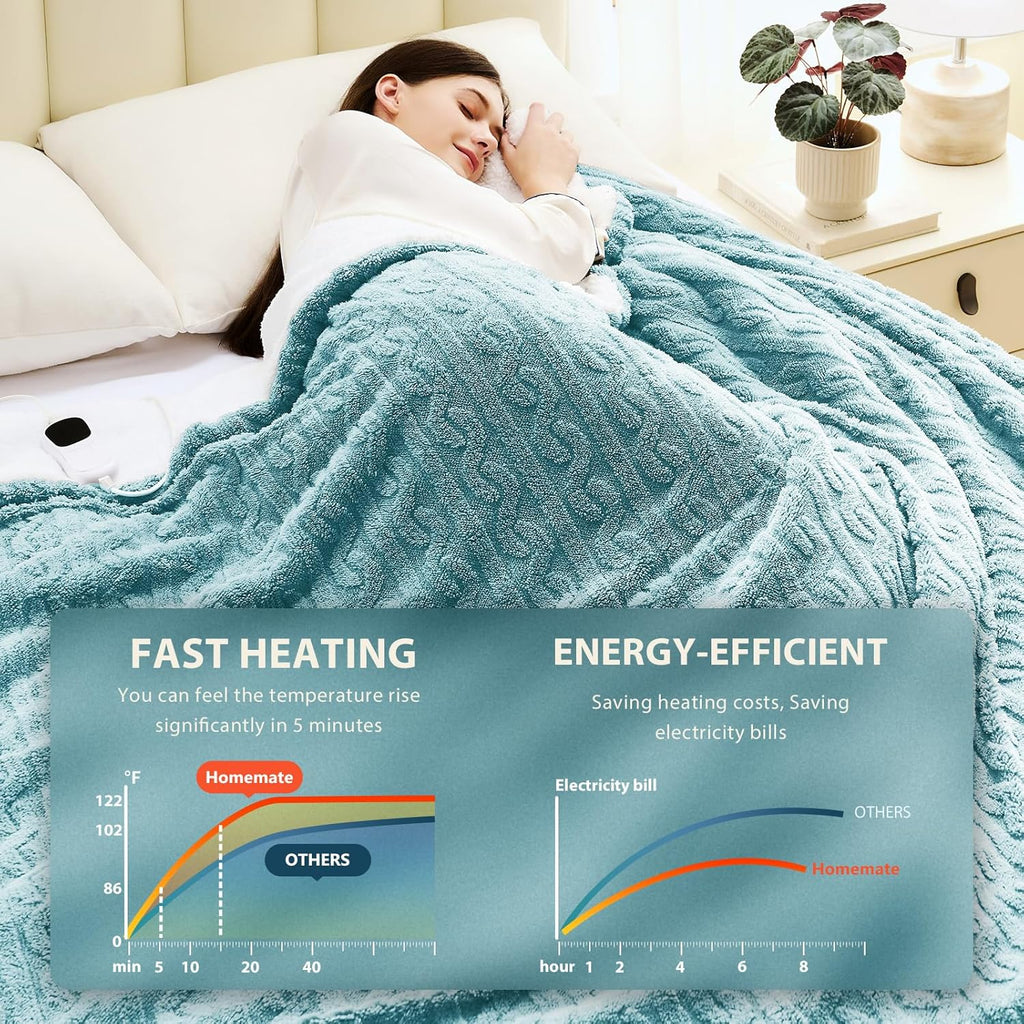 Homemate Electric Heated Blanket King - 100"x90" Heating Bed Blankets Throw with 10 Heating Levels 8 Hours Auto Off Fast Heating Over-Heated Protection Ultra Soft Warm Flannel ETL Certified