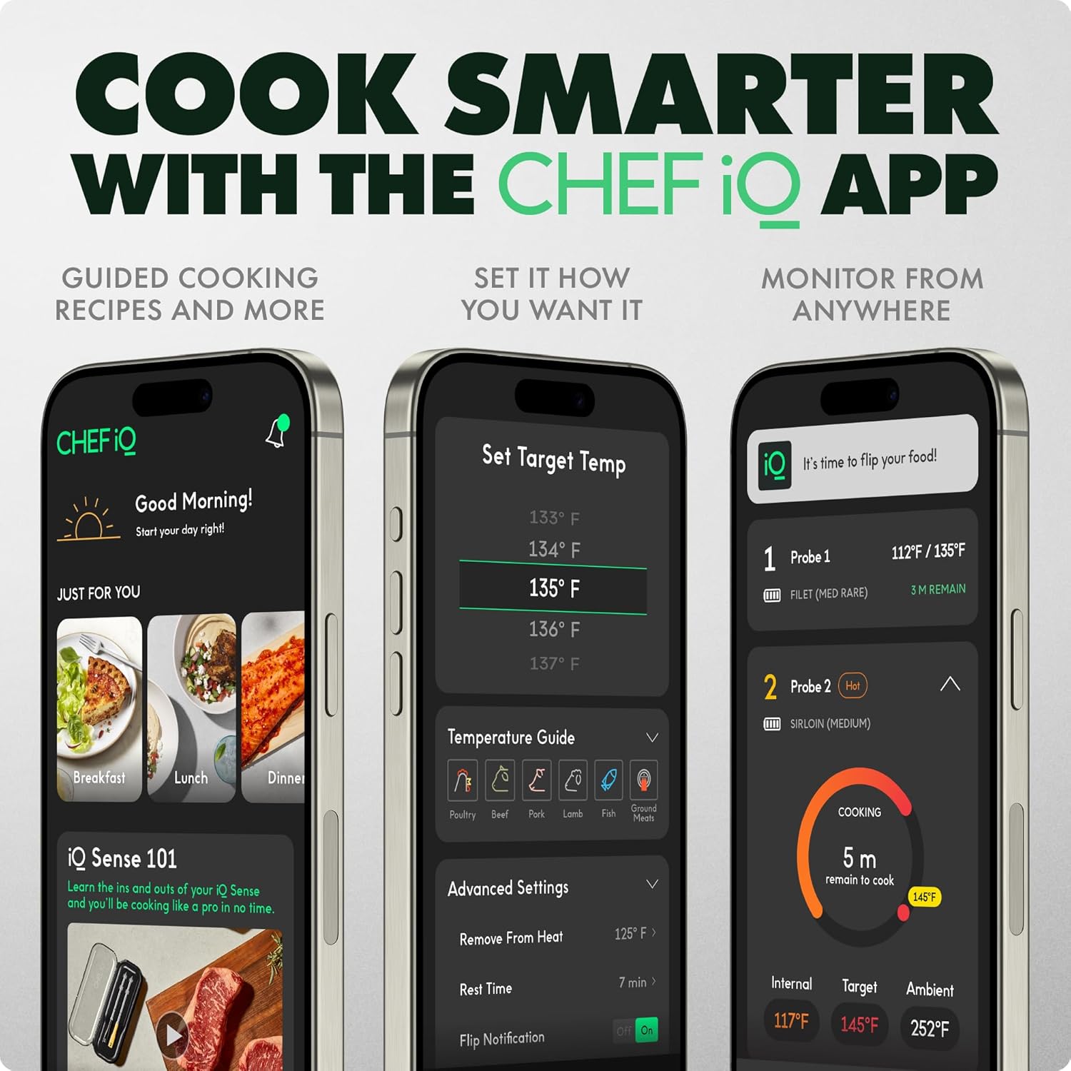 CHEF iQ Sense | Smart Wireless Meat Thermometer | 3 Ultra-Thin Probes | WiFi Unlimited Range | 1000°F Heat Safe | 5 Sensors | BBQ, Grill, Oven, Smoker, Air Fryer | Gen3