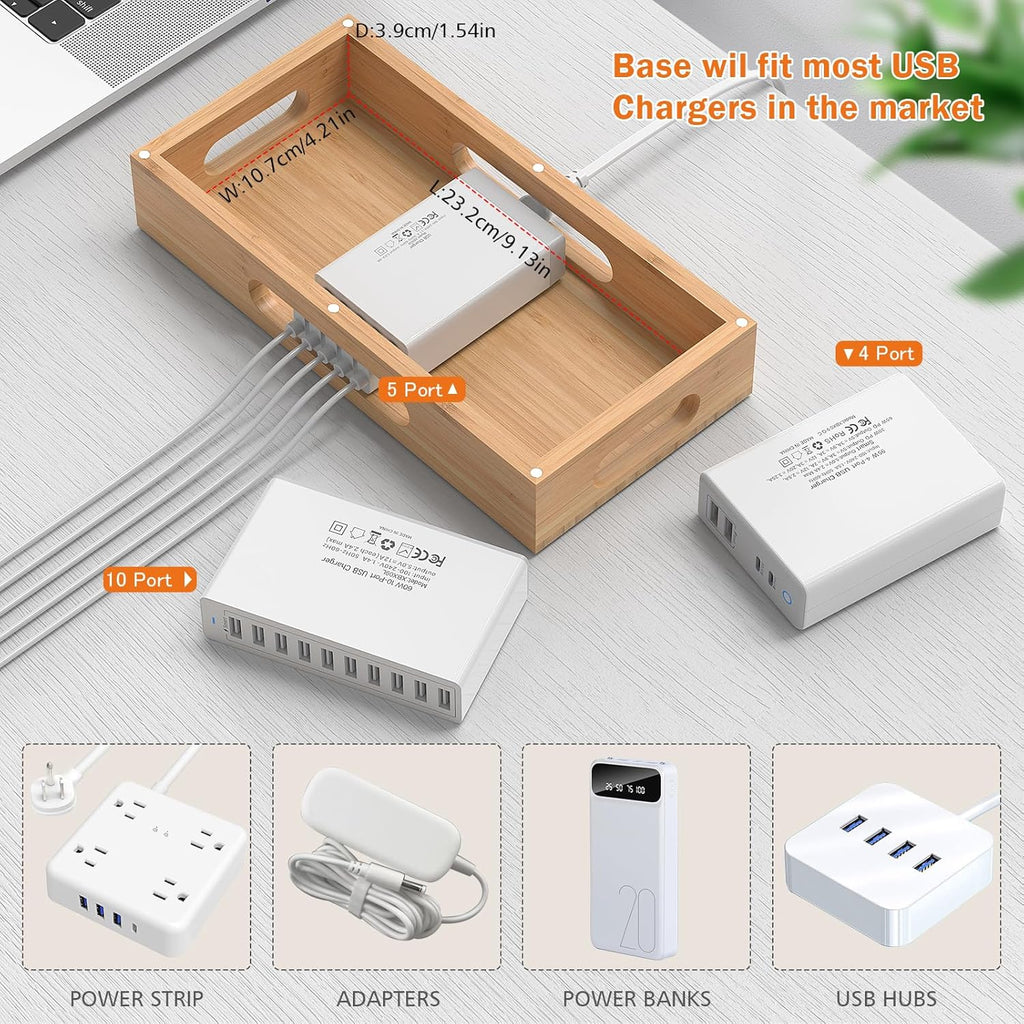 Pezin & Hulin Bamboo Charging Station Holder with 5 Port USB Charger, 5 x Charge Cables, Watch Stand, Wood Docking Stand Electronic Organizer for Multiple Devices, Phones, Tablets and More