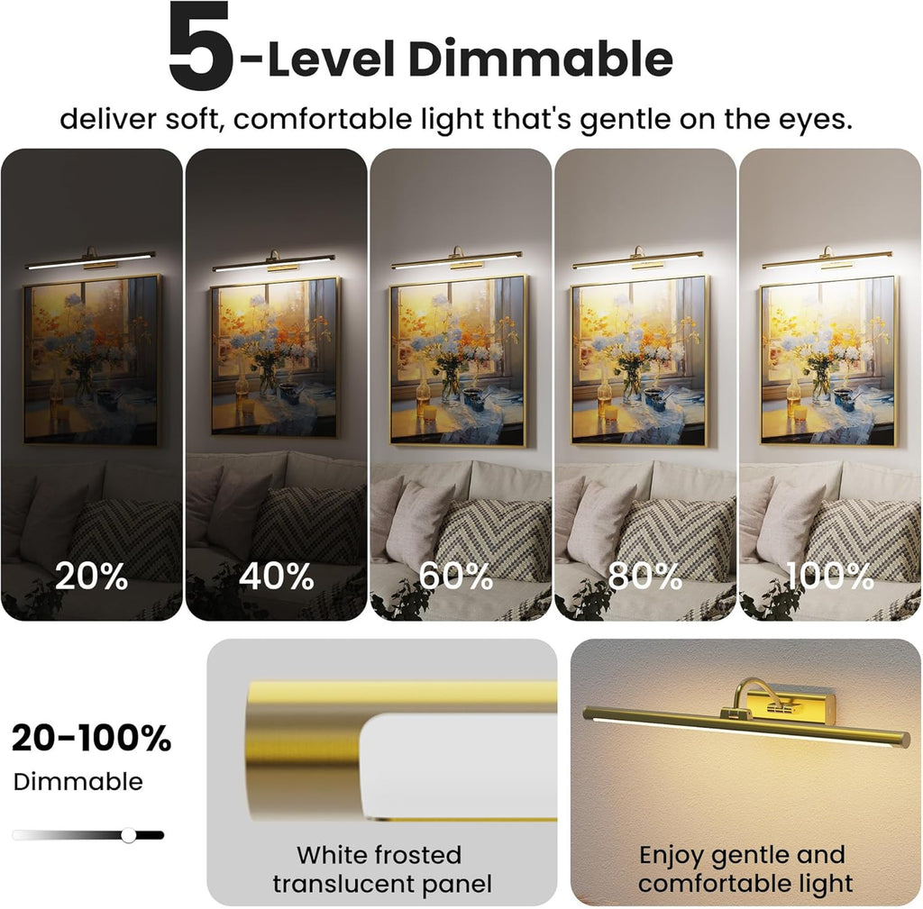 24" Picture Frame Light with 1pcs Extra 8000mAh Battery - Brass Cordless Rechargeable Wall Sconce with Remote for Office, Hallway & Large Art