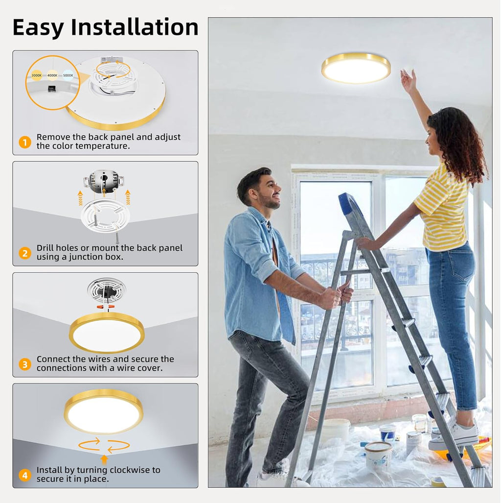 Hlite 4pack 12 inch Flush Mount LED Ceiling Light Fixture,24W 2400LM Super Slim Light Fixtures Ceiling Mount 3000K/4000K/5000K 3CCT Selectable,Light Fixtures for Kitchen,Bedroom (Gold)