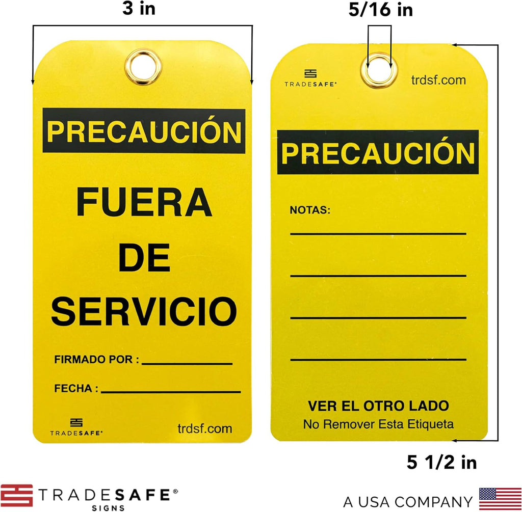 TRADESAFE Spanish Out of Service Tags, Fuera de Servicio - 30 Yellow Caution Sign with 30 Cable Ties, Durable 32 mil Vinyl, Caution Tags for Equipment Repair or Service, Accident Prevention