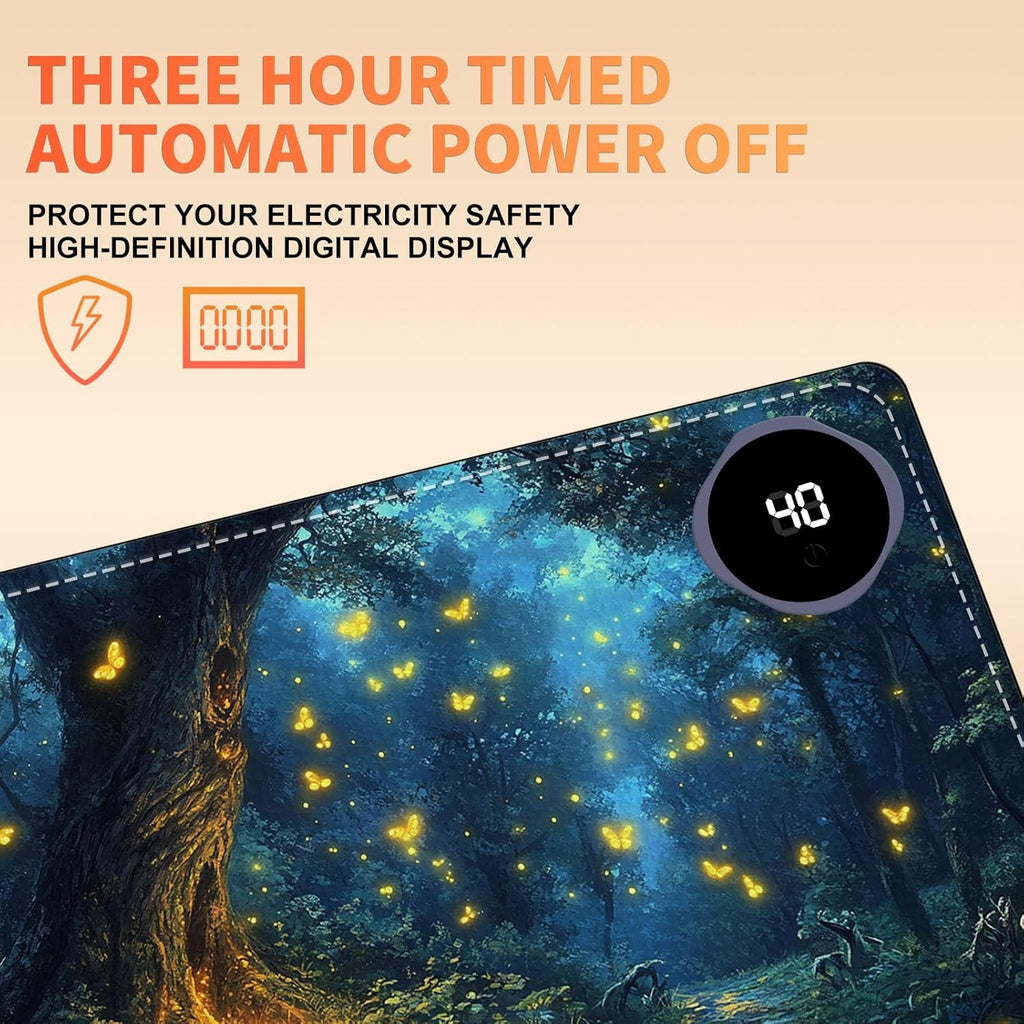 Heated Mouse Pad 23.6 x 14 in 3-Temp Fast Heating Desk Mat with Auto Timer Warmer for Hands Wrist Pain Relief Waterproof Keyboard Mat for Office, Gaming, Home, Enchanted Forest Glow