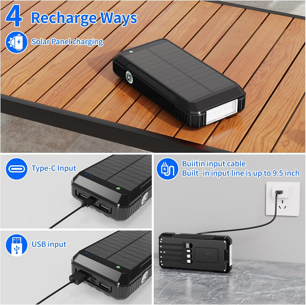Solar Charger Power Bank 49800mAh, Portable Phone Wireless Charging Built-in 4 Cables 22.5W Fast Charging,Type-C Input/Output Port Solar Panel Charger with Flashlights&Compass for Camping（Black