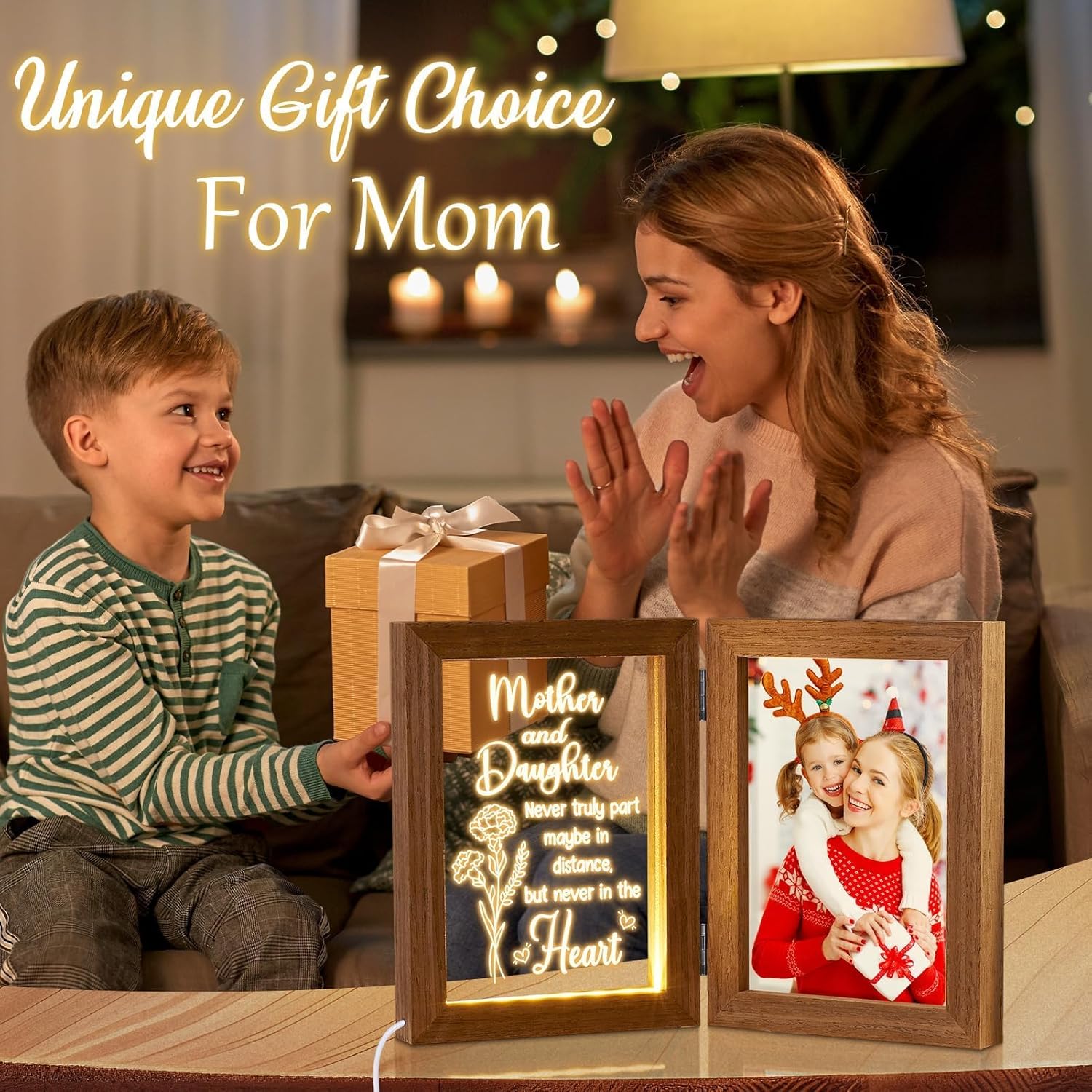 Christmas Gifts for Mom from Daughter Son Kids, Mom Gifts Engraved Night Light with 5x7 Mother Picture Frame Solid Wood, New Mama Gift Mommy Son Picture Frame Mother-in-Law Birthday Gift for Mama