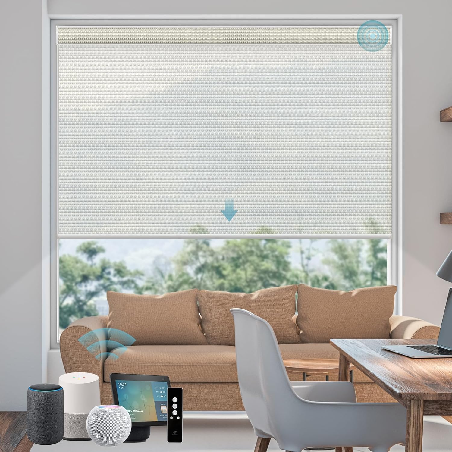 SmartWings Motorized Smart Blinds for Windows in Light Filtering, Electric Remote Roller Shades Compatible with Alexa/Google Home/Homekit, Custom Up to 110”W x 148”H, 5% Openness Aventus White Linen