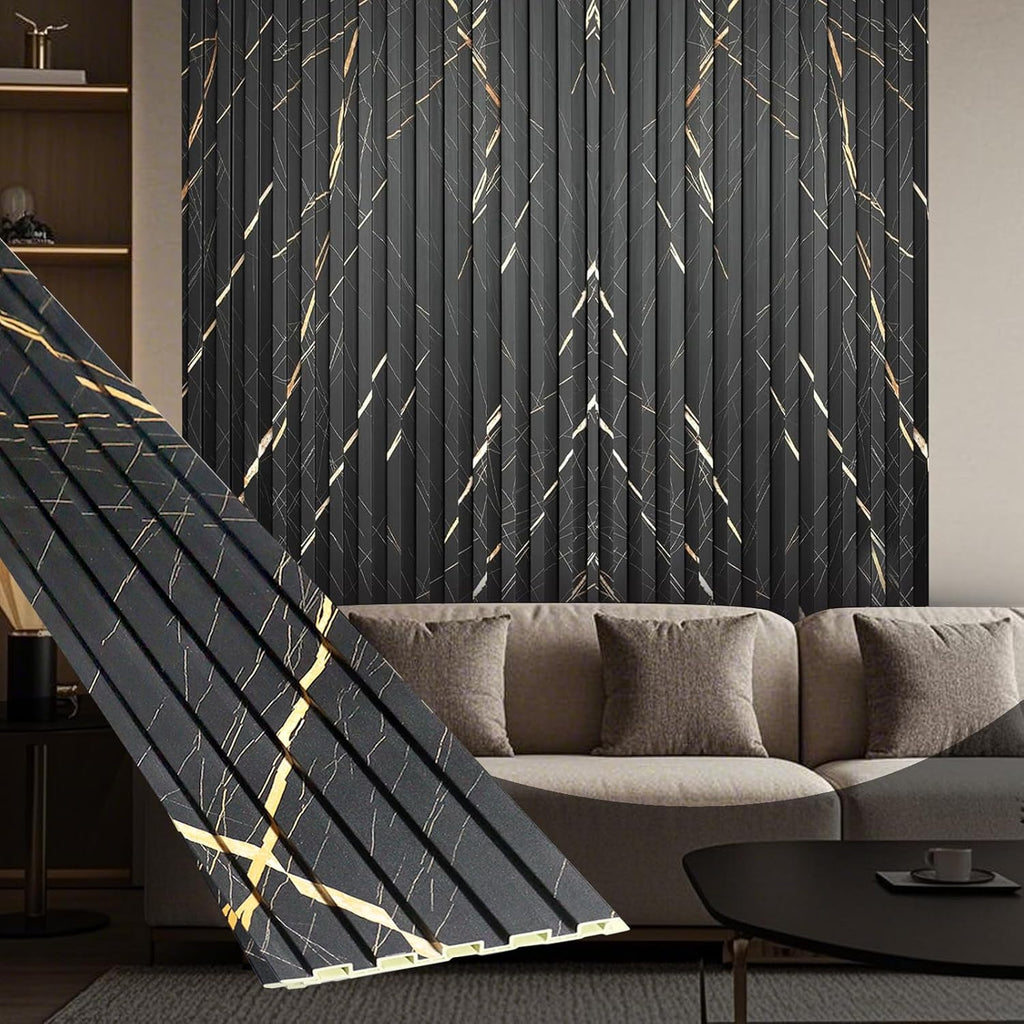OUZUGIE WPC Acoustic Slat Wall Paneling, 8-Pack 96 x 6 Inches 3D Wall Panels for Interior Wall Decor,Living Room,TV Background,Study Room,Office Spaces,Bedroom,Low Grille (Black Marble)