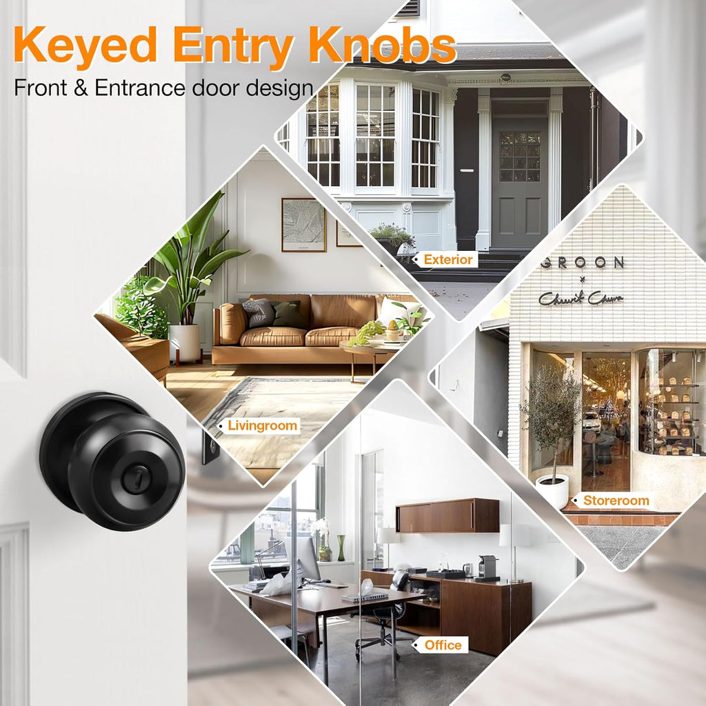 Gobrico 2 Pack Keyed-Alike Exterior Door Knobs with Key Matte Black Entry Door Knob Flat Ball Door Locksets with Same Key and Lock Front Door Knob