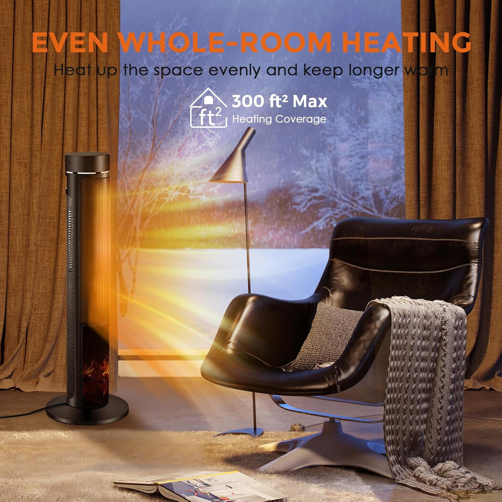 Air Choice 36" Tower Space Heater for Large Room, 1500W PTC Electric Fireplace Heater, Adjustable Thermostat, 4 Modes, 3D Flame,12H Timer, Oscillation, Remote, Heater for Indoor Use, Bedroom, Office