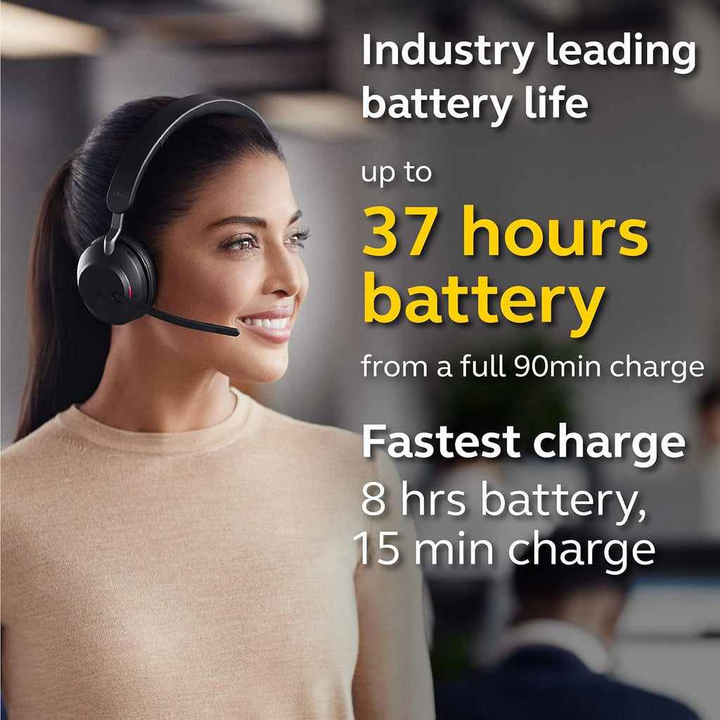 Jabra Evolve2 65 UC Wireless Headphones with Link380c, Stereo, Black – Wireless Bluetooth Headset for Calls and Music, 37 Hours of Battery Life, Passive Noise Cancelling Headphones