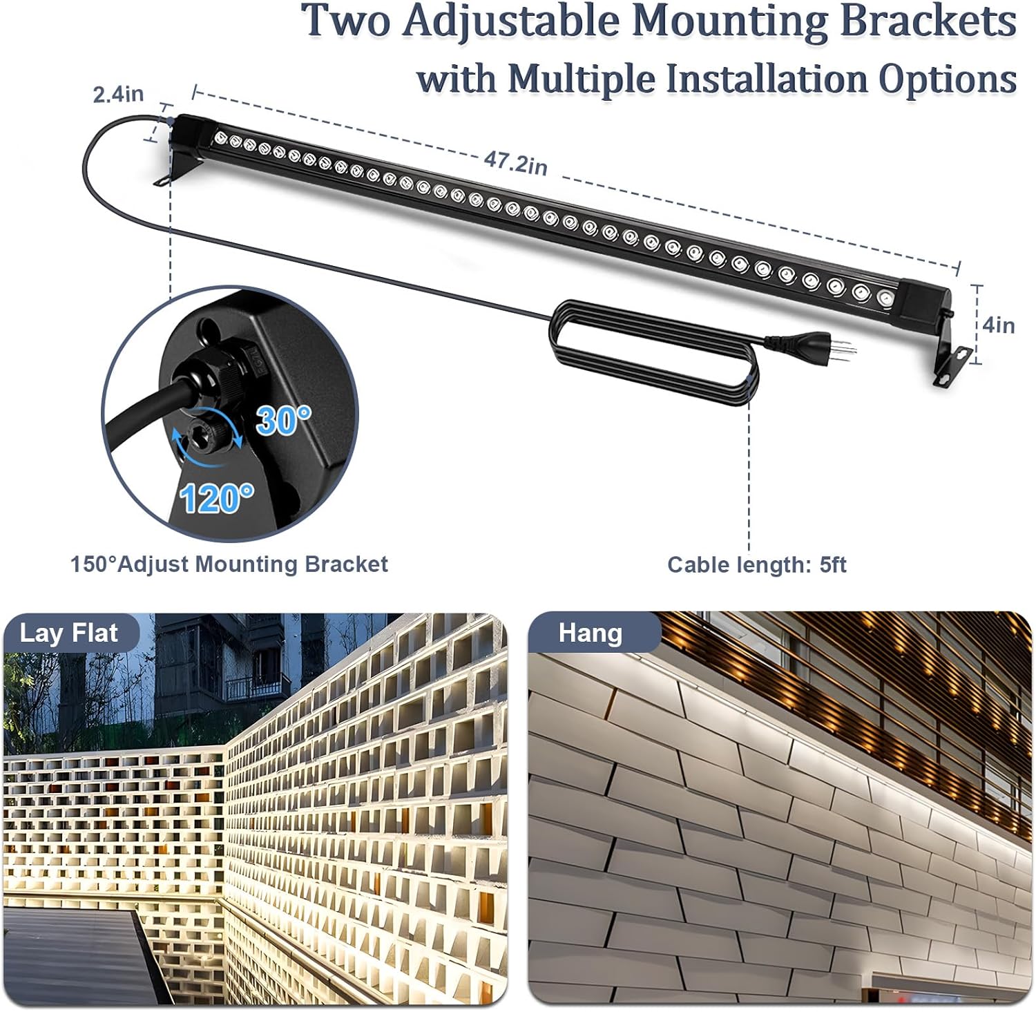 72W Outdoor Wall Washer Light, 4FT 5000K Daylight White Led Wall Washer Light Bars, 120V Waterproof IP67 Outdoor LED Light Bar for Outdoor, Plug in (2 Pack)