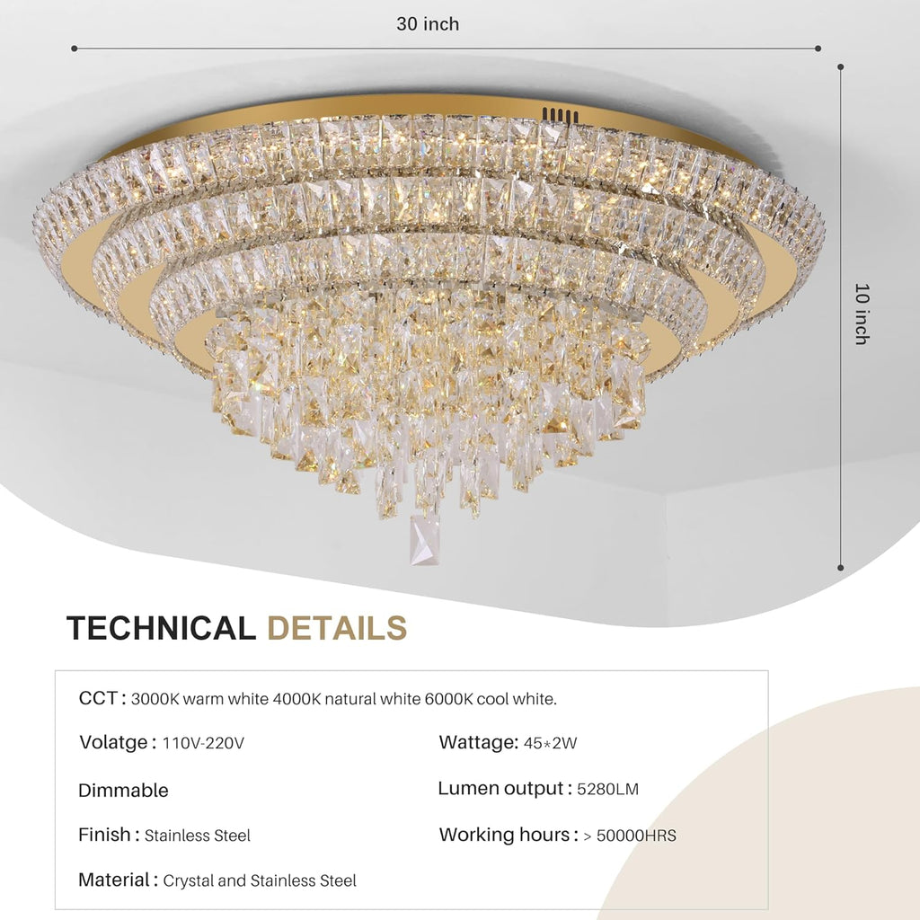 30 inch Flush Mount Crystal Chandeliers with Remote and APP Gold, Modern Elegant LED Crystal Raindrop Ceiling Light Fixture, 3CCT Dimmable, for Living Room Kitchen Island Bedroom Entryway Foyer