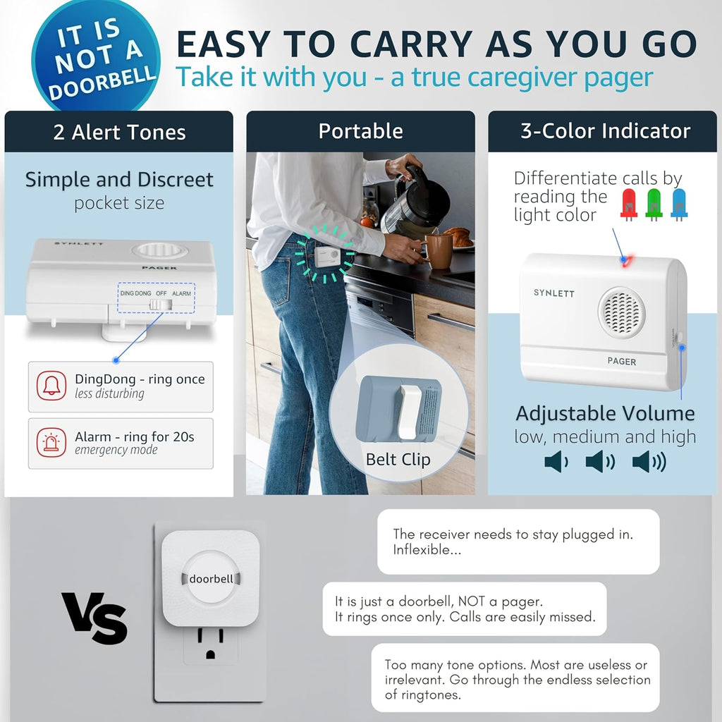 Call Button for Elderly and Caregiver Pager Portable SOS Alert System Alarm for Nurse Call Seniors Patients Emergency Home