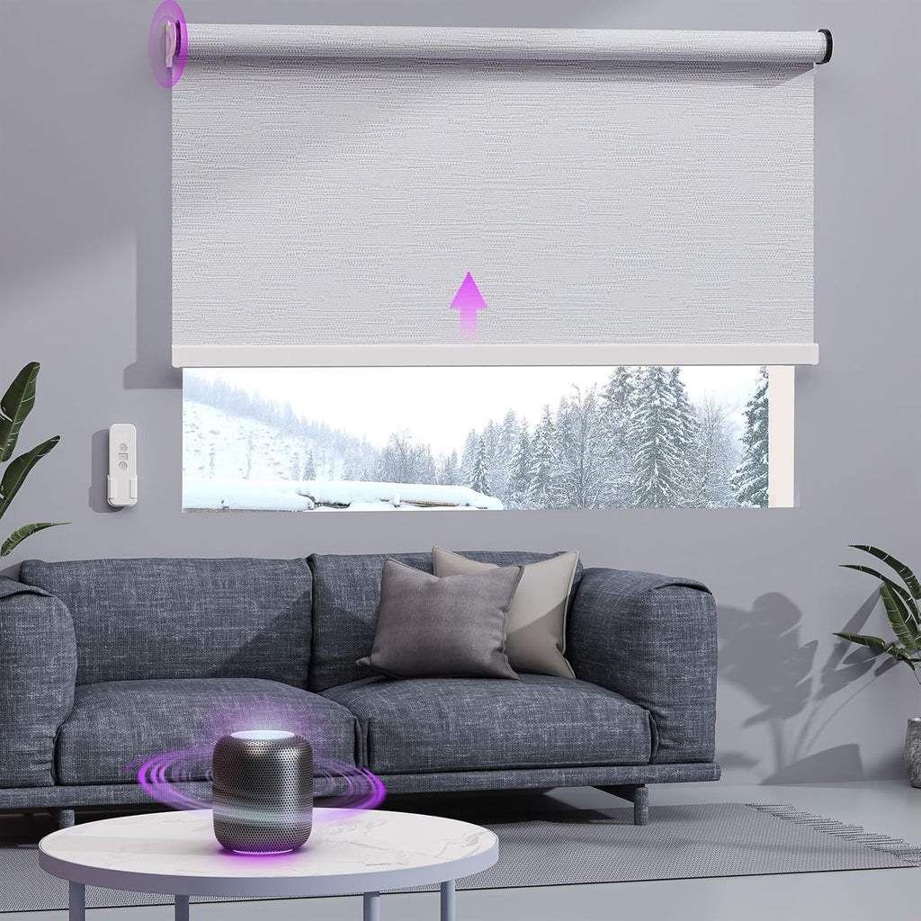 Astomi Motorized Roller Shades for Windows, Blackout Automatic Blinds with Remote, Smart Blinds, Voice Control, Compatible with Alexa, Google, Custom Size (Jacquard PureWhite)