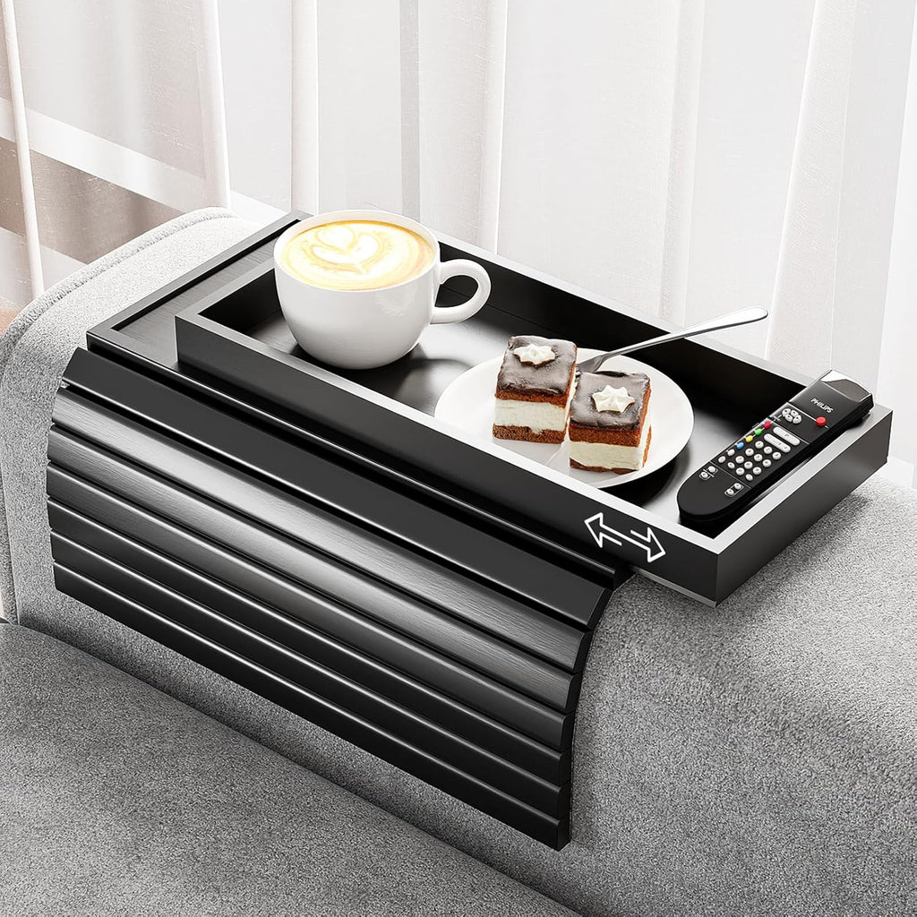Bamboo Sofa Armrest Tray Table for Couch - 2-in-1 Couch Arm Table with Be Slide Detachable Tray- Anti-Slip Foldable Sofa Armchair Caddy for Drinks Cellphone TV Remote Snacks (Black)