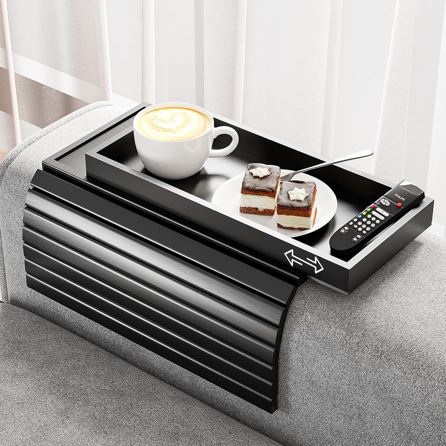 Bamboo Sofa Armrest Tray Table for Couch - 2-in-1 Couch Arm Table with Be Slide Detachable Tray- Anti-Slip Foldable Sofa Armchair Caddy for Drinks Cellphone TV Remote Snacks (Black)