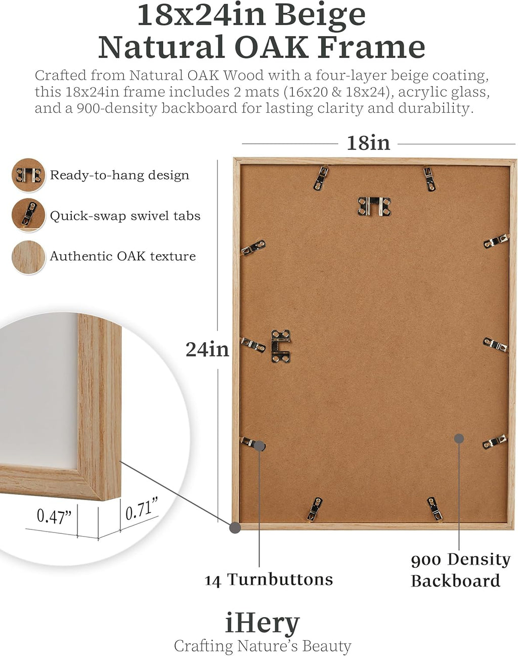 iHery Standard 18x24in Premium Truly Natural OAK Wood Beige Color Picture Frame with 2 Mats (16x20,18x24), Acrylic Glass Thickened Backboard, Minimalist Photo Frames Narrow Border Set of 1