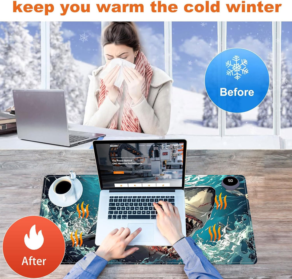 Small Heated Desk Pad 23.6" x 14.2" – Compact Electric Mouse Pad with 3 Heating Levels, Auto Shut-Off, Waterproof PU Surface, Plug-in Warmer for Office or Home Use, Angry Shark