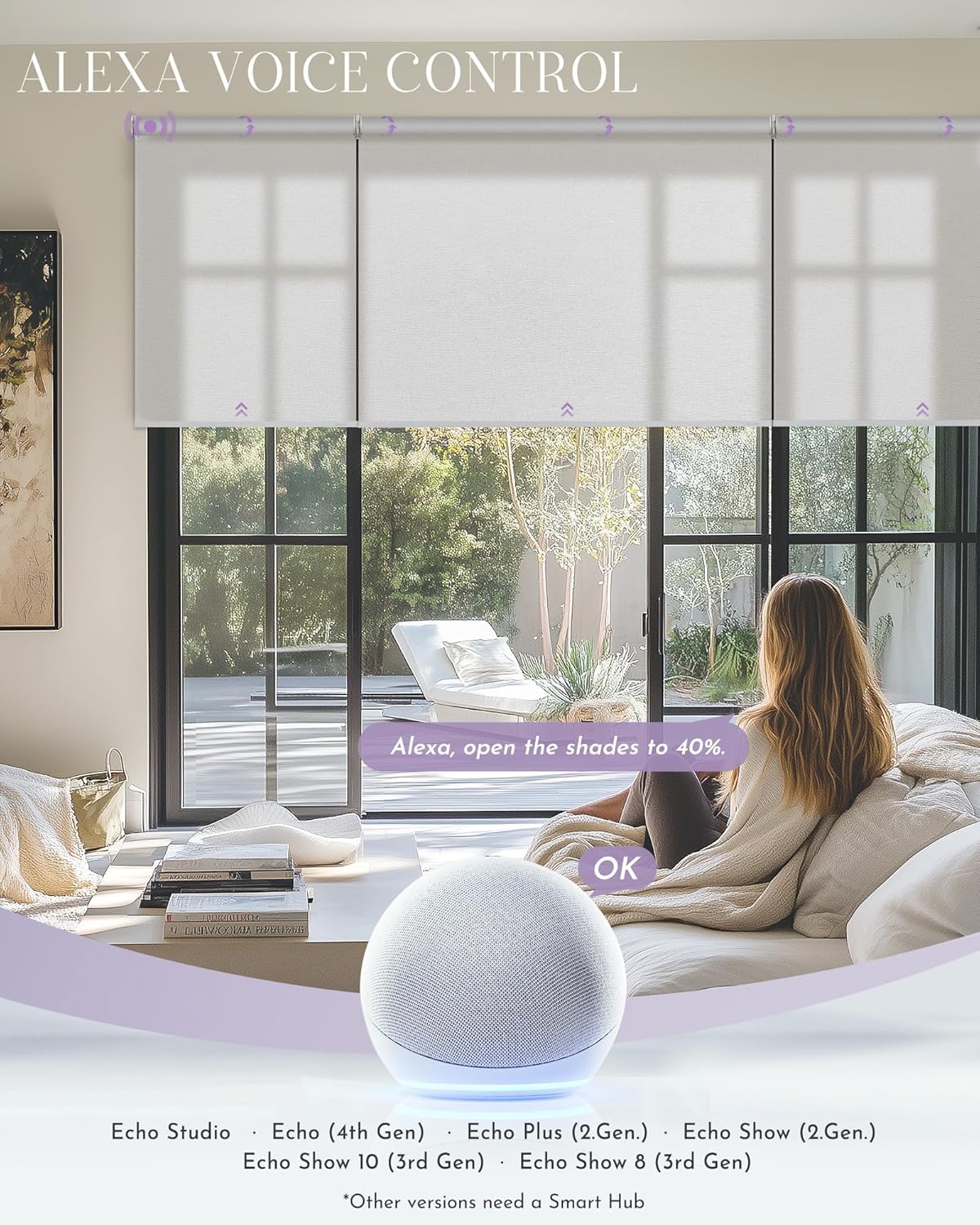 Graywind Smart Coupled Roller Shades Compatible with Alexa Google Custom Size Extra Large Motorized Blinds for Windows(Pure White)