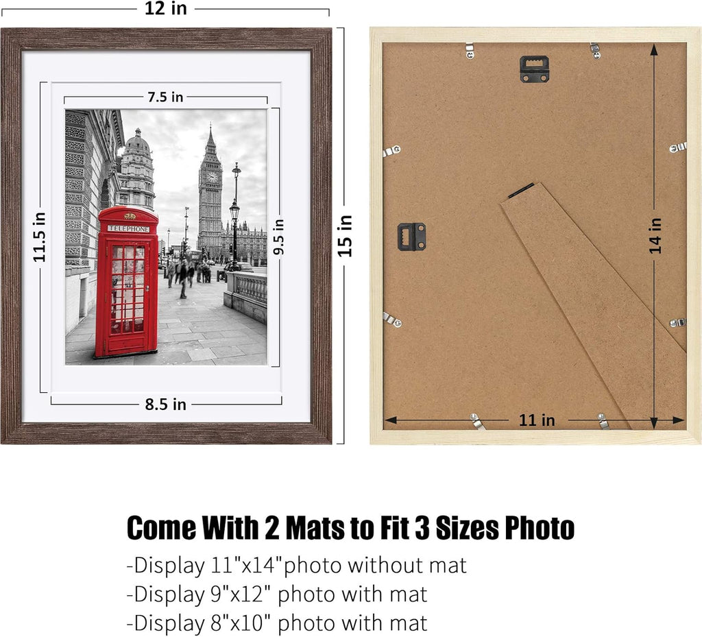 11x14 Rustic Picture Frames Solid Wood - Display Pictures 9x12 or 8x10 with Mat or 11x14 Frame without Mat - Farmhouse Wooden Photo Frame 11x14 inch with 2 Mats for Wall Mounting or Table Top, 2 Set