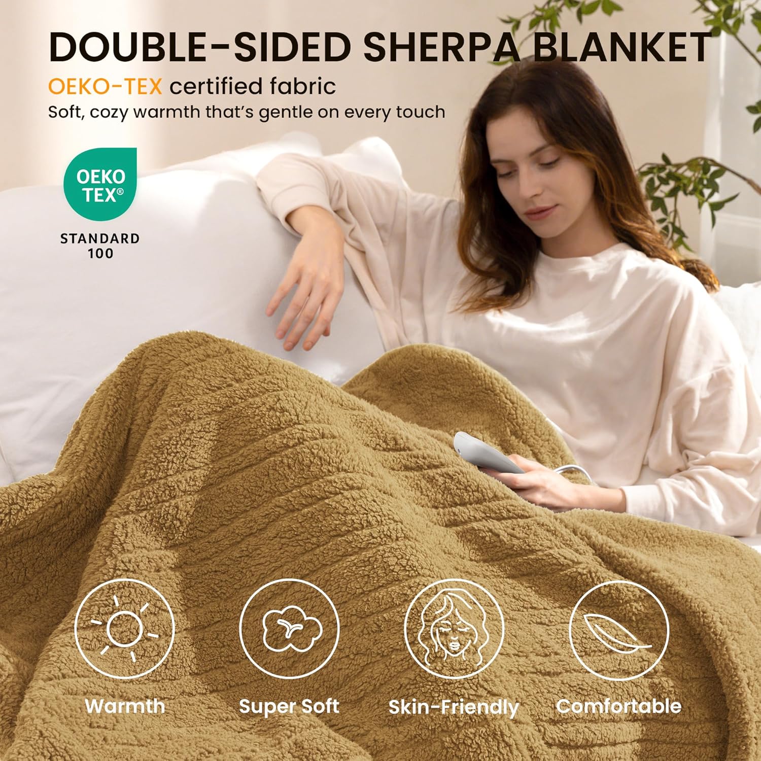 Heated Blanket Electric Blanket King - Fast Heating Blanket Throw Dual Control Double Sided Sherpa with 10 Heating Levels & 2-10 Hours Auto Off, Mashine Washable, 90 x 100 Inches, Camel