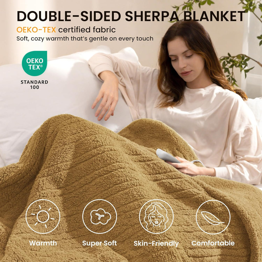 Heated Blanket Electric Blanket Twin - Fast Heating Blanket Throw Double Sided Sherpa Ultra Soft Cozy with 10 Heating Levels & 2-10 Hours Auto Off, Mashine Washable, 62 x 84 Inches, Camel