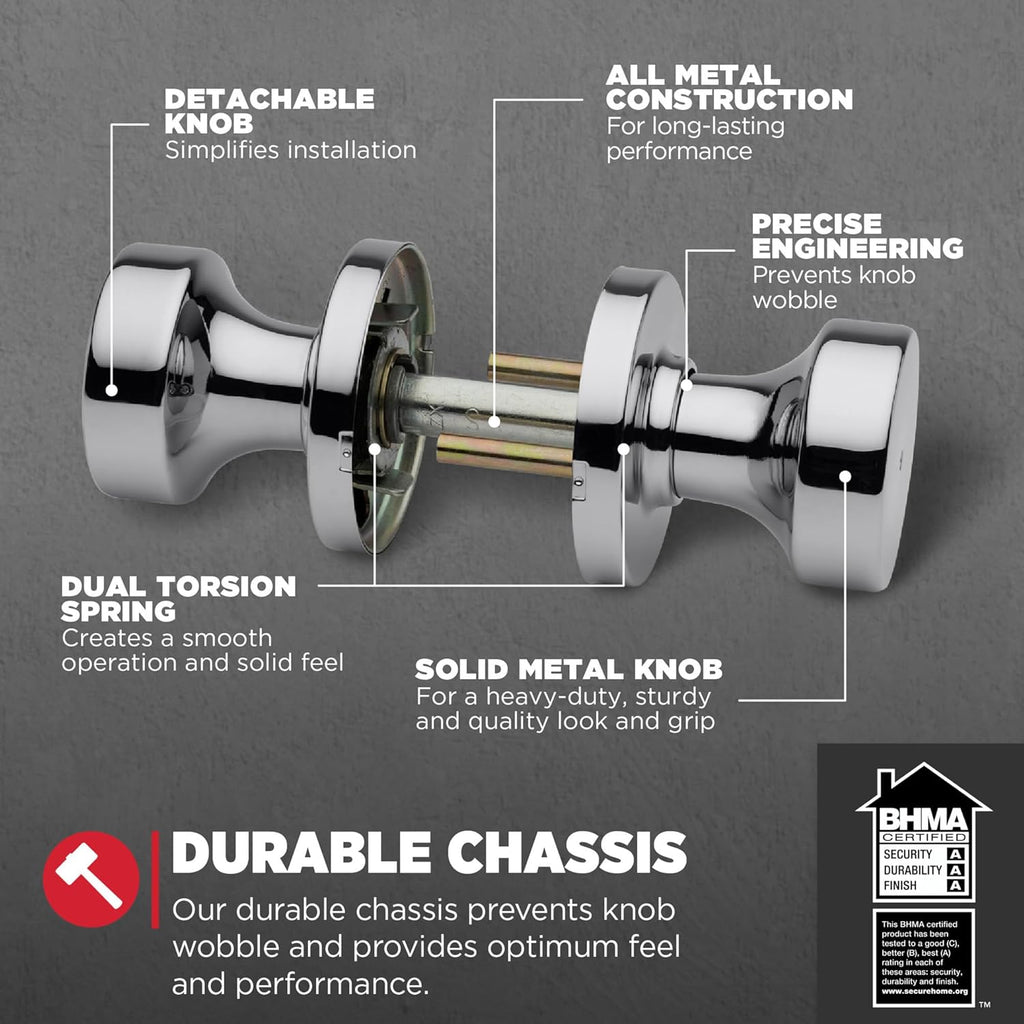 Kwikset Pismo Interior Privacy Door Knob with Lock, Door Handle For Bathroom and Bedroom, Polished Chrome Keyless Turn Lock Doorknob