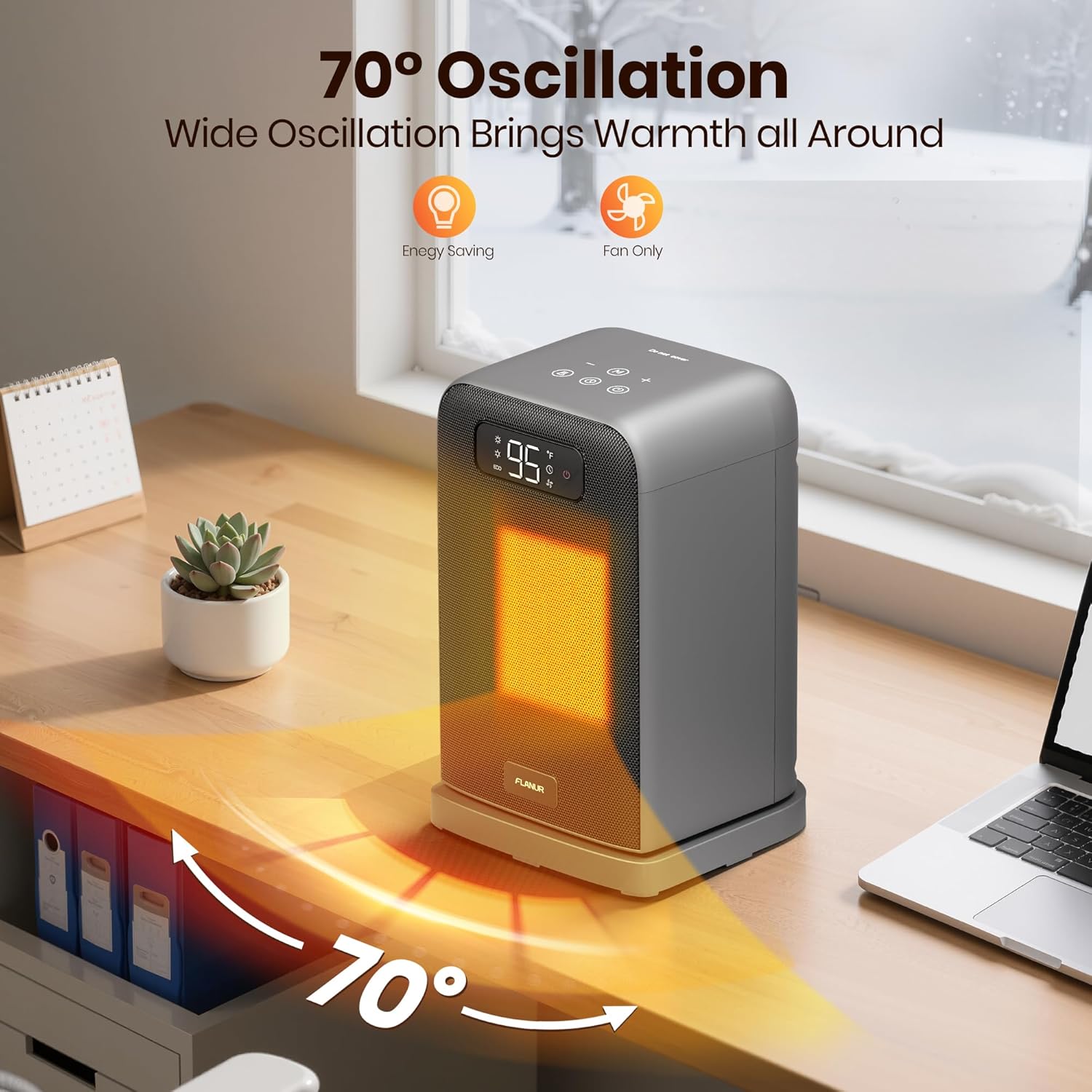 Space Heaters for Indoor Use, 1500W Small Desk Heater 2 in 1 with Remote, Thermostat, LED Display, Overheat & Tip Over Protection, 12H Timer, 70° Oscillating Heater for Office, Grey